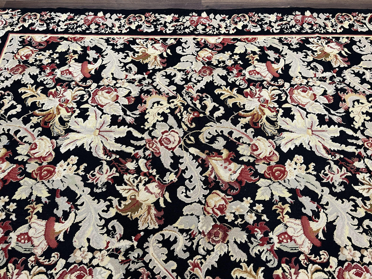 Wool Needlepoint Rug 9x12, William Morris Vintage Chinese Needlepoint