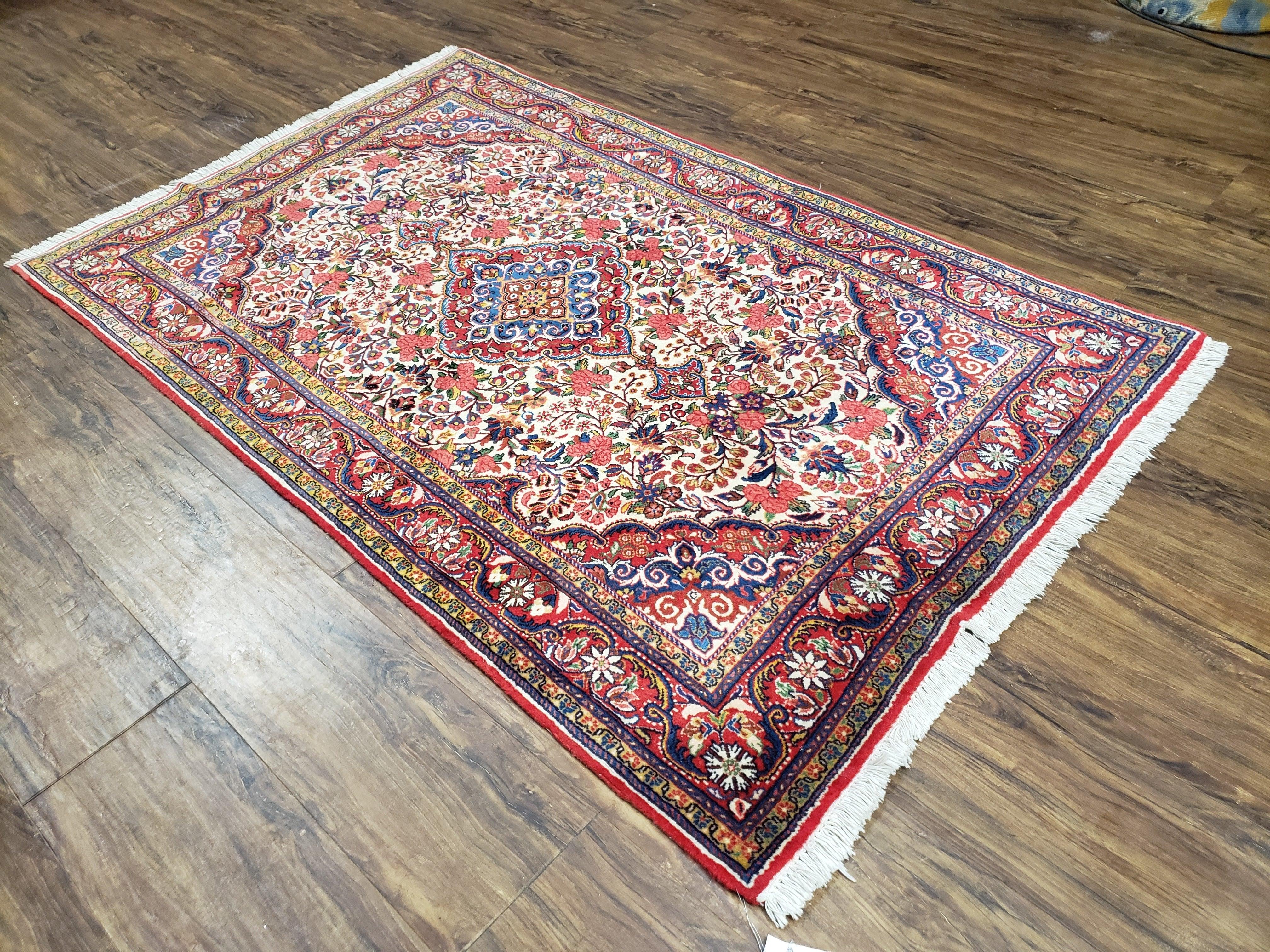 Semi Antique Persian Bidjar Rug, Ivory Red & Blue, Floral, Hand-Knotted, Wool, 3'4" x 5'3" - Jewel Rugs