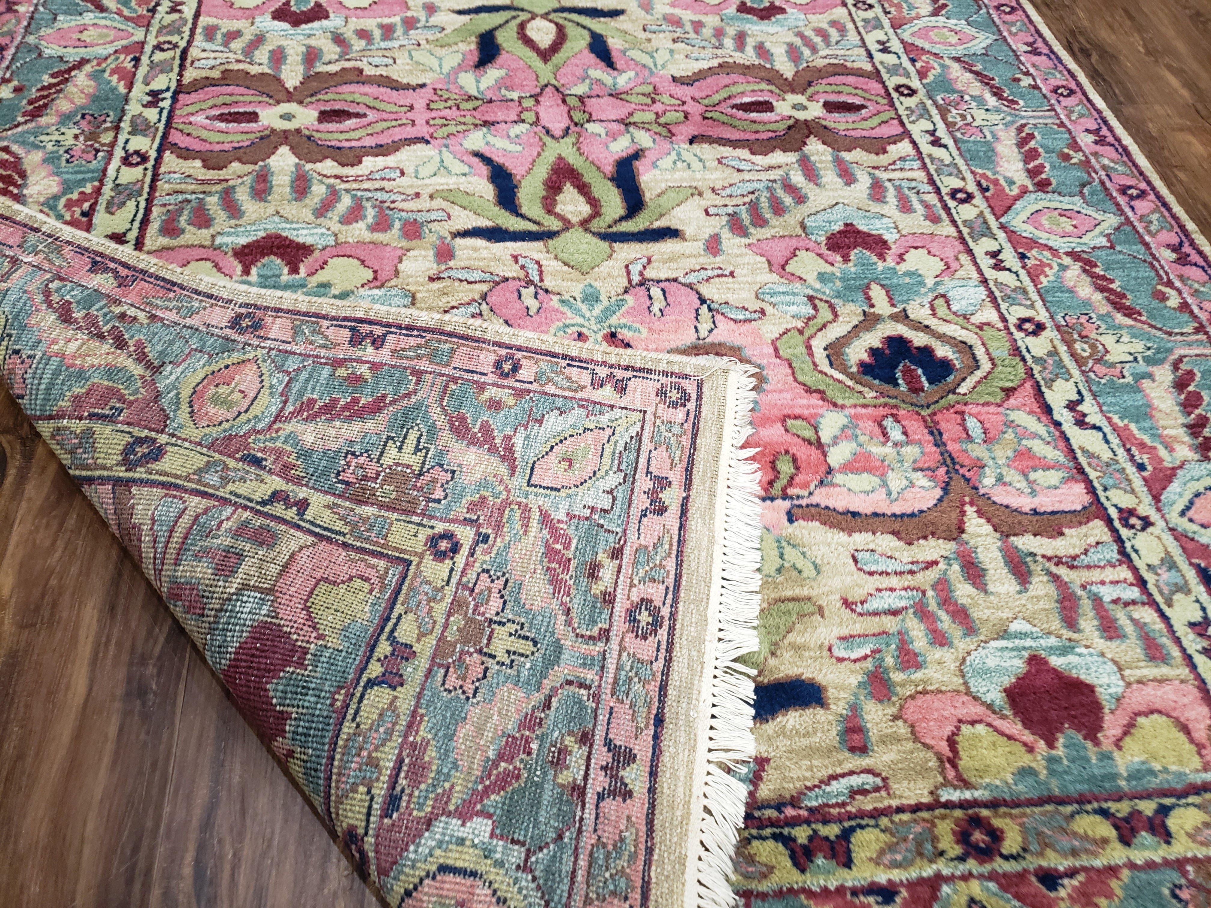 Indo Persian Rug, 6x9 Rug, Medium Sized Handmade Area Rug, Pink and Teal Oriental Carpet, Indian Rug, Vintage Rug, Hand Knotted Rug, Unique - Jewel Rugs