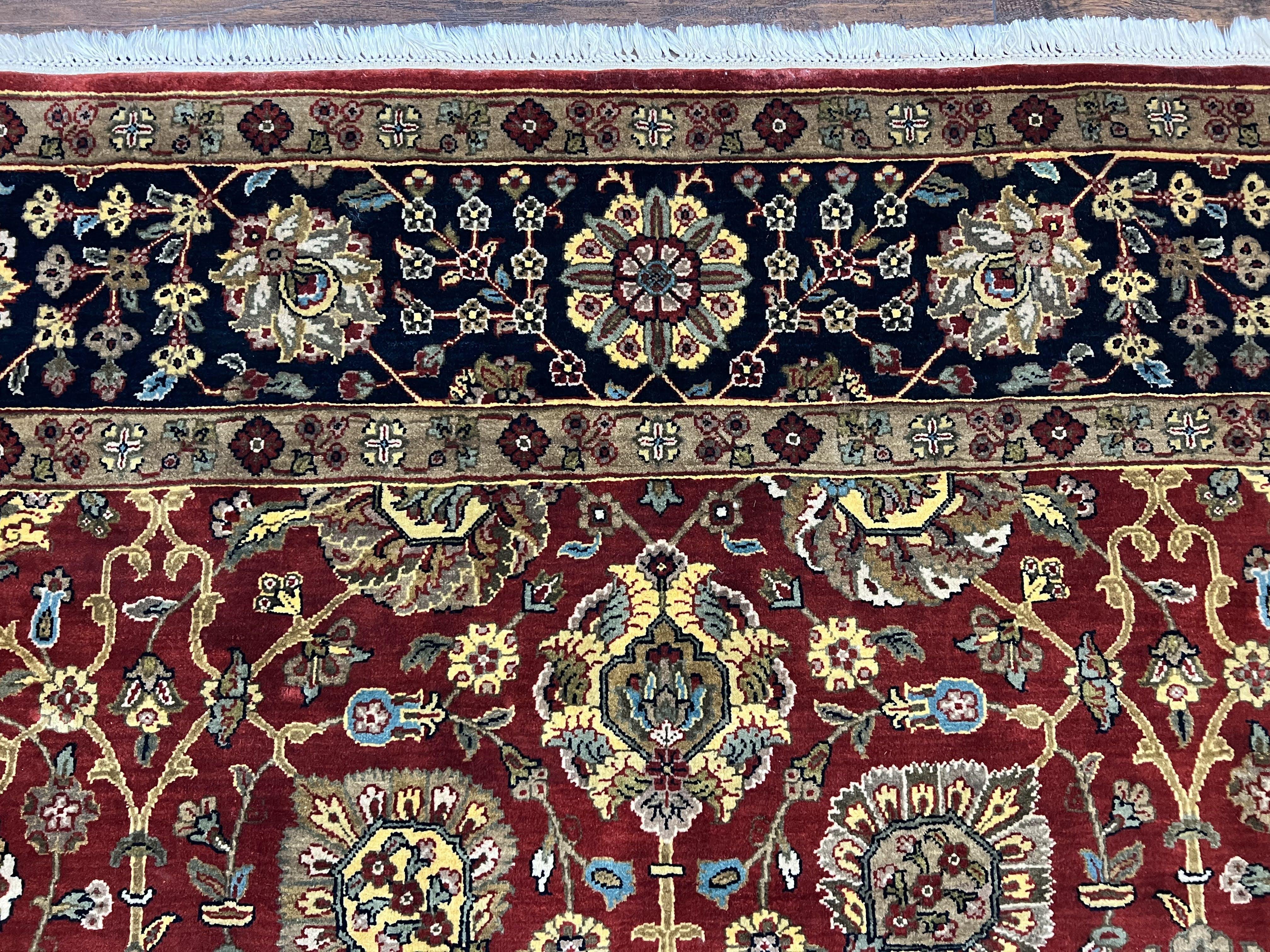 Indo Persian Rug 9x12, Hand Knotted Traditional Indian Wool Oriental Carpet 9 x 12 ft, Maroon and Navy Blue, Floral Allover 9x12 Vintage Rug - Jewel Rugs