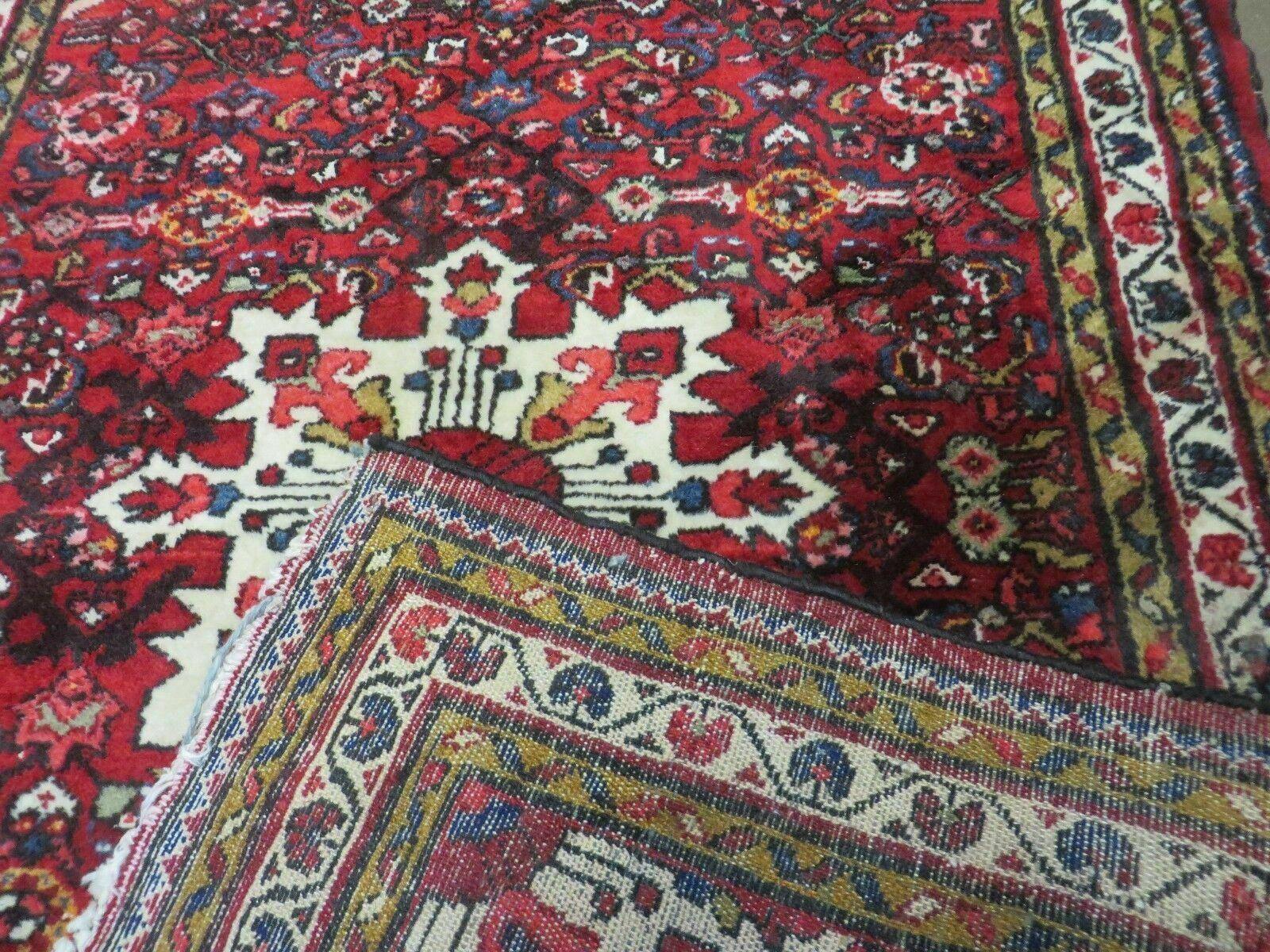 Semi Antique Persian Hamadan Rug 4x6, Vintage Handmade Hand Knotted Wool Oriental Carpet, Tribal Medallion, Vegetable Dyes, Red Ivory - Jewel Rugs