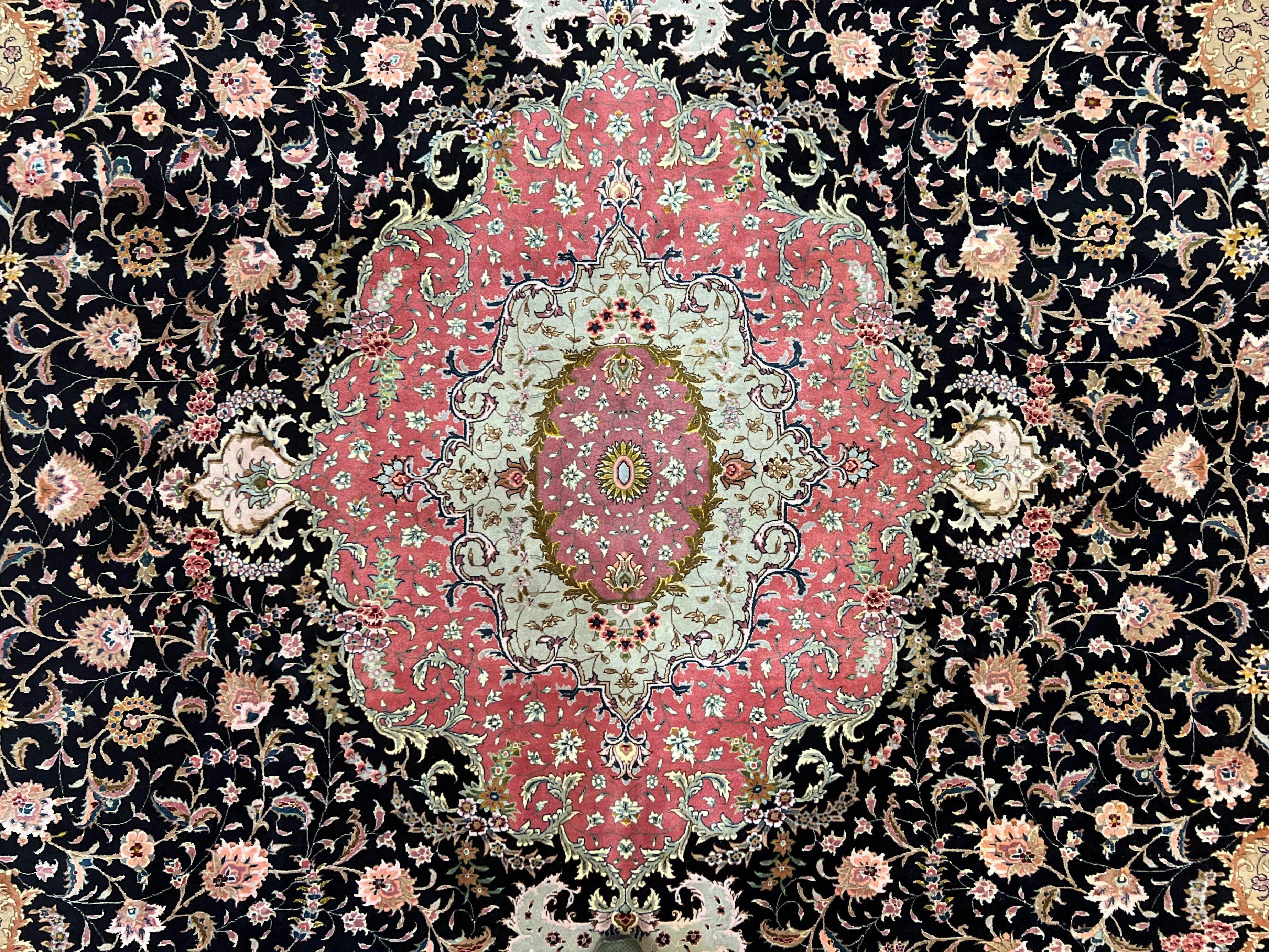 Magnificent Persian Tabriz Rug 11x16, Oversized Persian Carpet 11 x 16 ft, Wool on Silk Finely Hand Knotted, 450 KPSI, Floral Medallion, Black Pink - Jewel Rugs