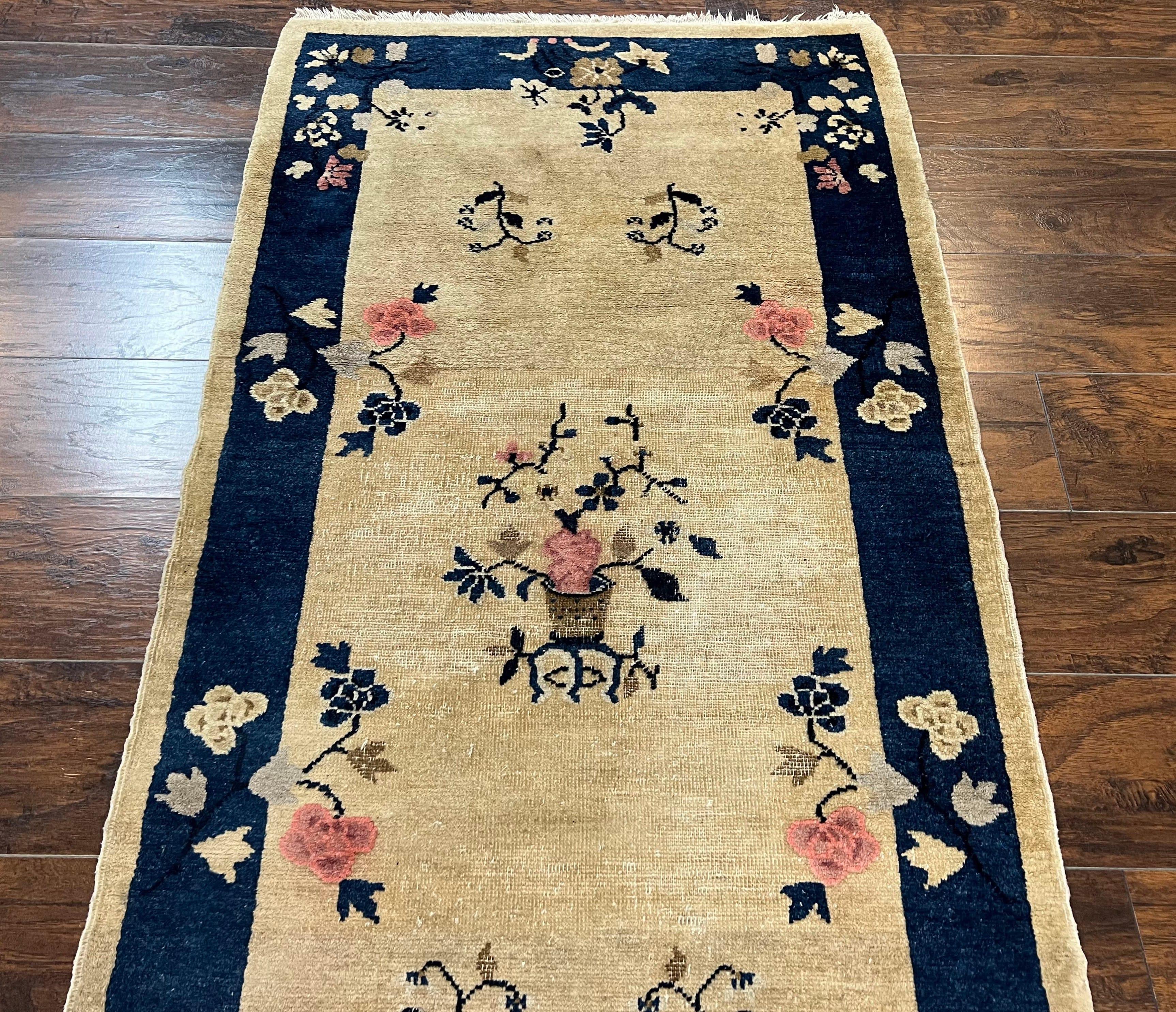 Antique Chinese Peking Rug 3x6, Beige and Dark Blue Hand Knotted Handmade Asian Oriental Carpet, Floral Vases, Vintage Wool Art Deco Rug - Jewel Rugs