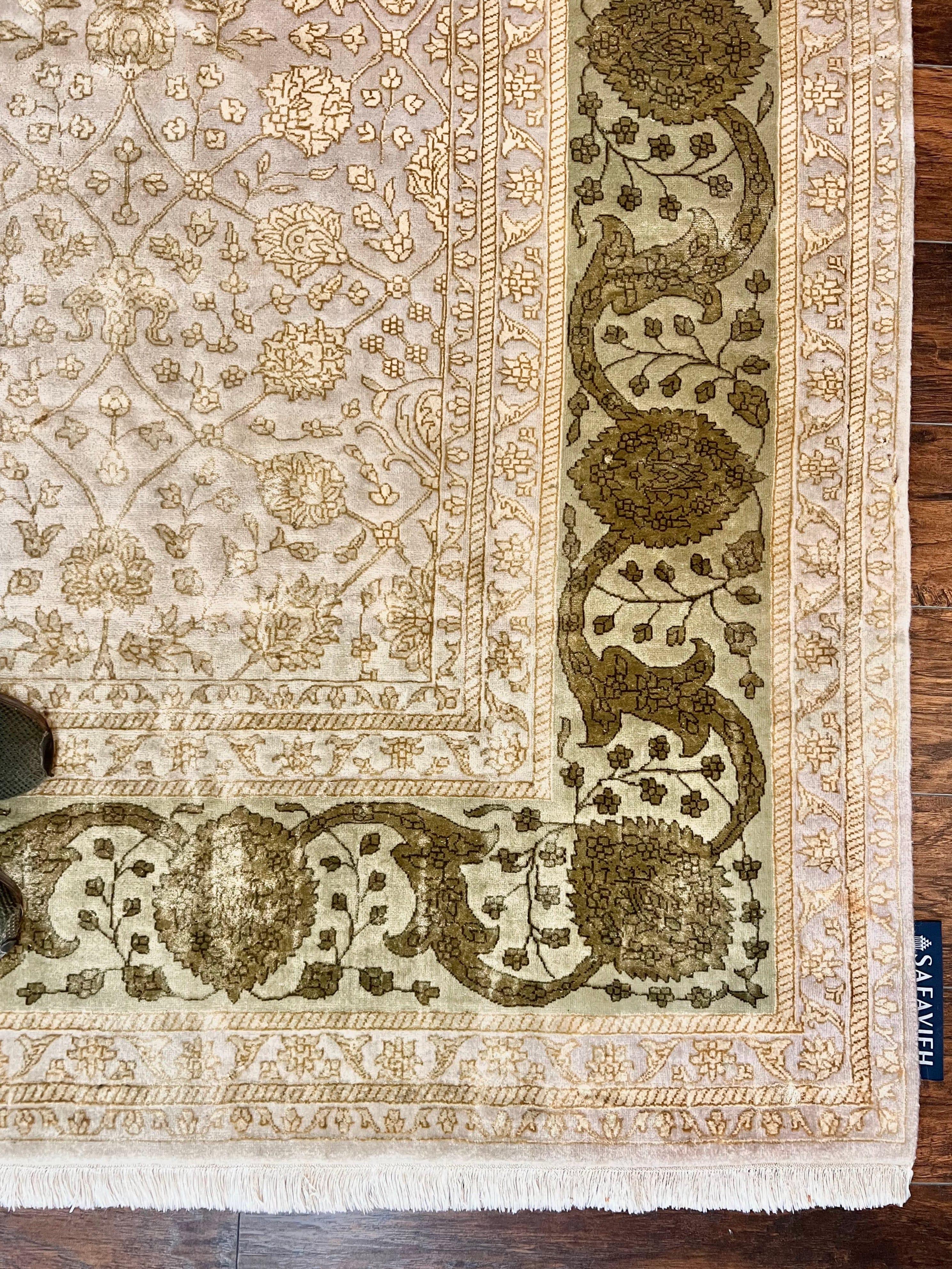 Modern Safavieh Tibetan Rug 10x14, Wool & Silk Accents, Fine Contemporary Floral Carpet, Handmade Hand Knotted Nepali Rug, Gray Gold Green - Jewel Rugs