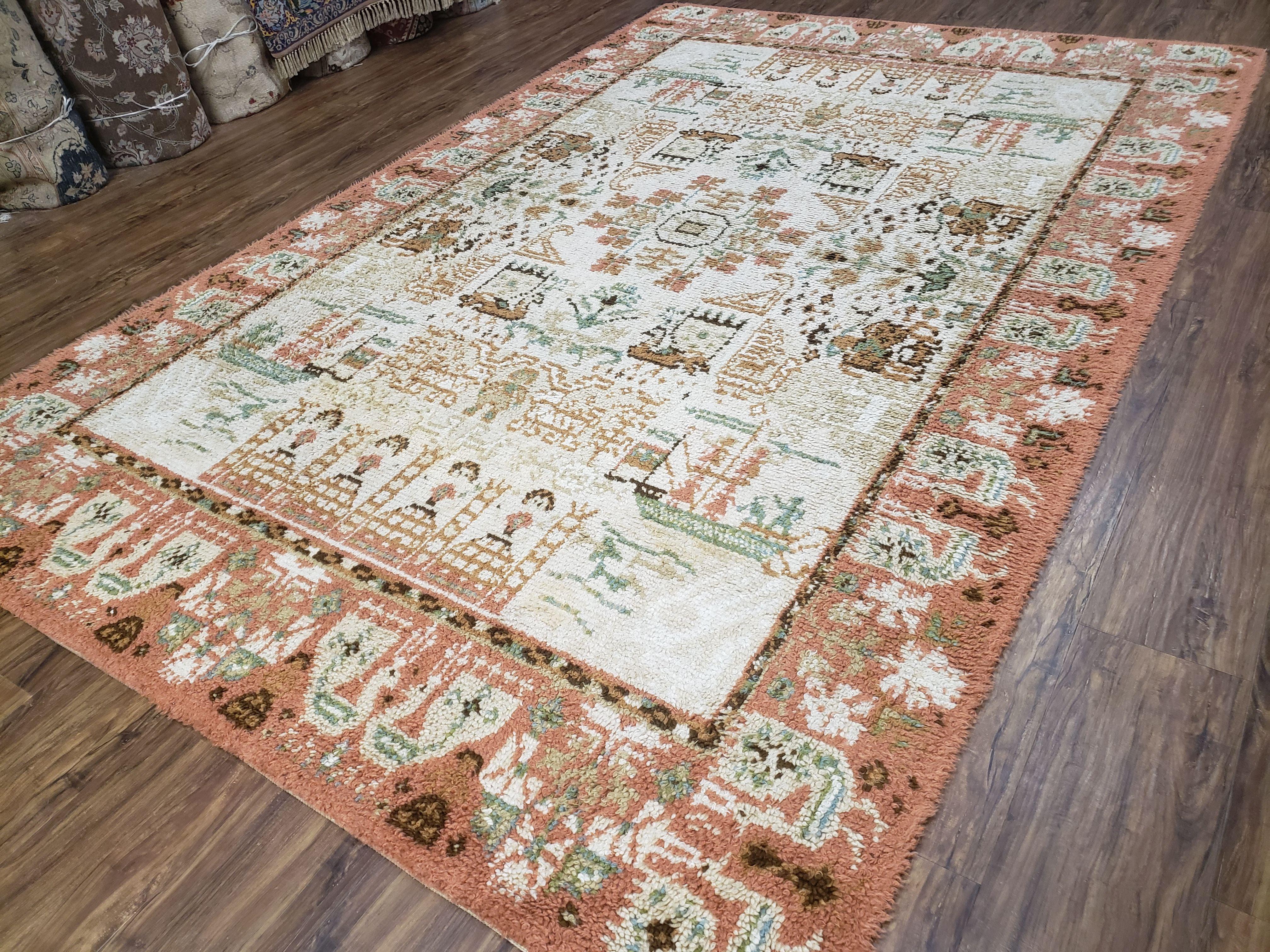 Vintage Scandinavian Area Rug, Rya Shag Rug, Wool, Beige & Carribbean Coral, Scandinavian Folk Art Rug, Human Motifs, Boats, Vikings, 6x9 - Jewel Rugs