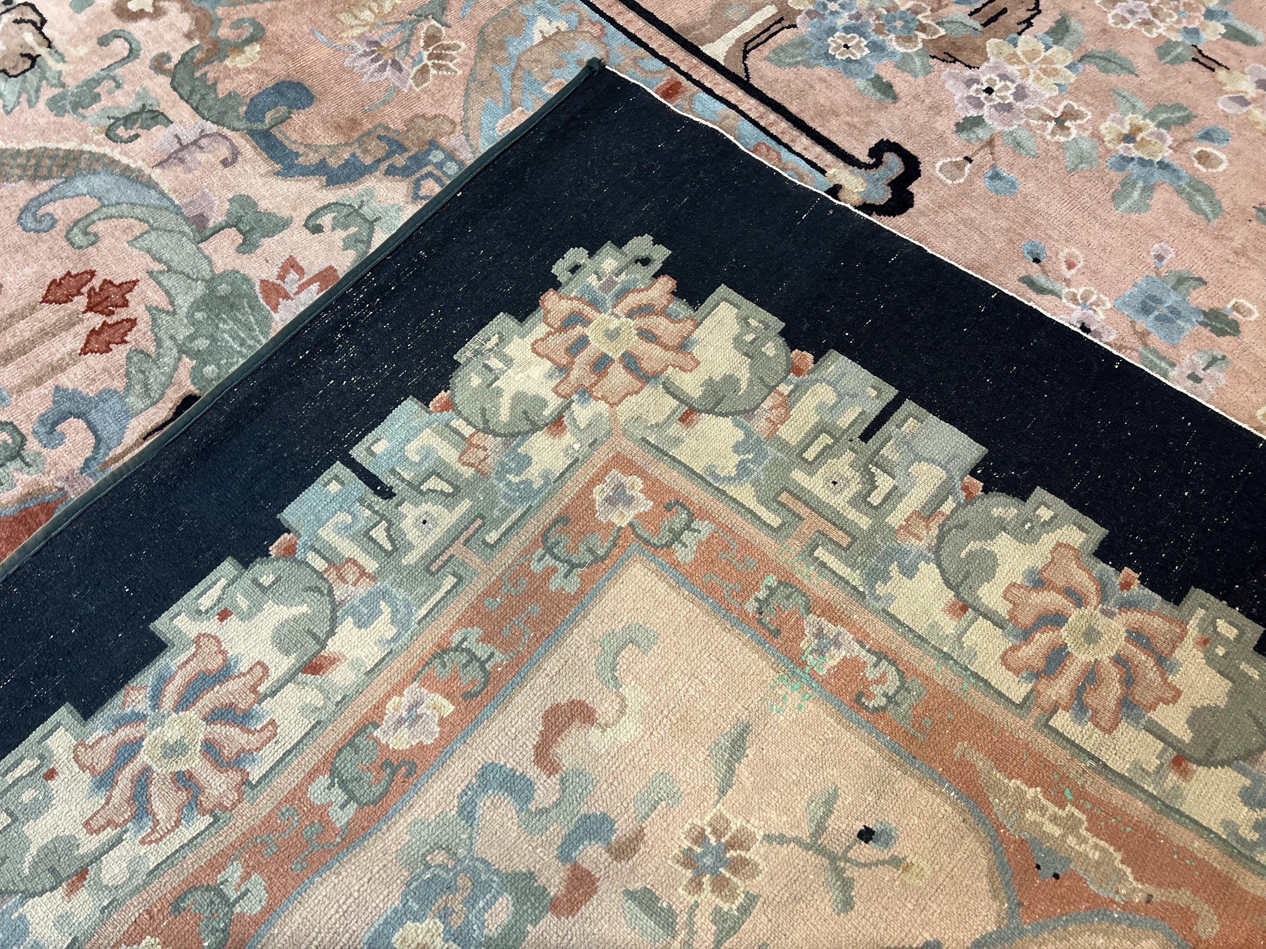 Antique Chinese Wool Rug 9x12, Chinese Peking Fete Carpet 9 x 12 ft, Pink Black Cream Light Blue, Handmade Hand Knotted Asian Art Deco Rug - Jewel Rugs