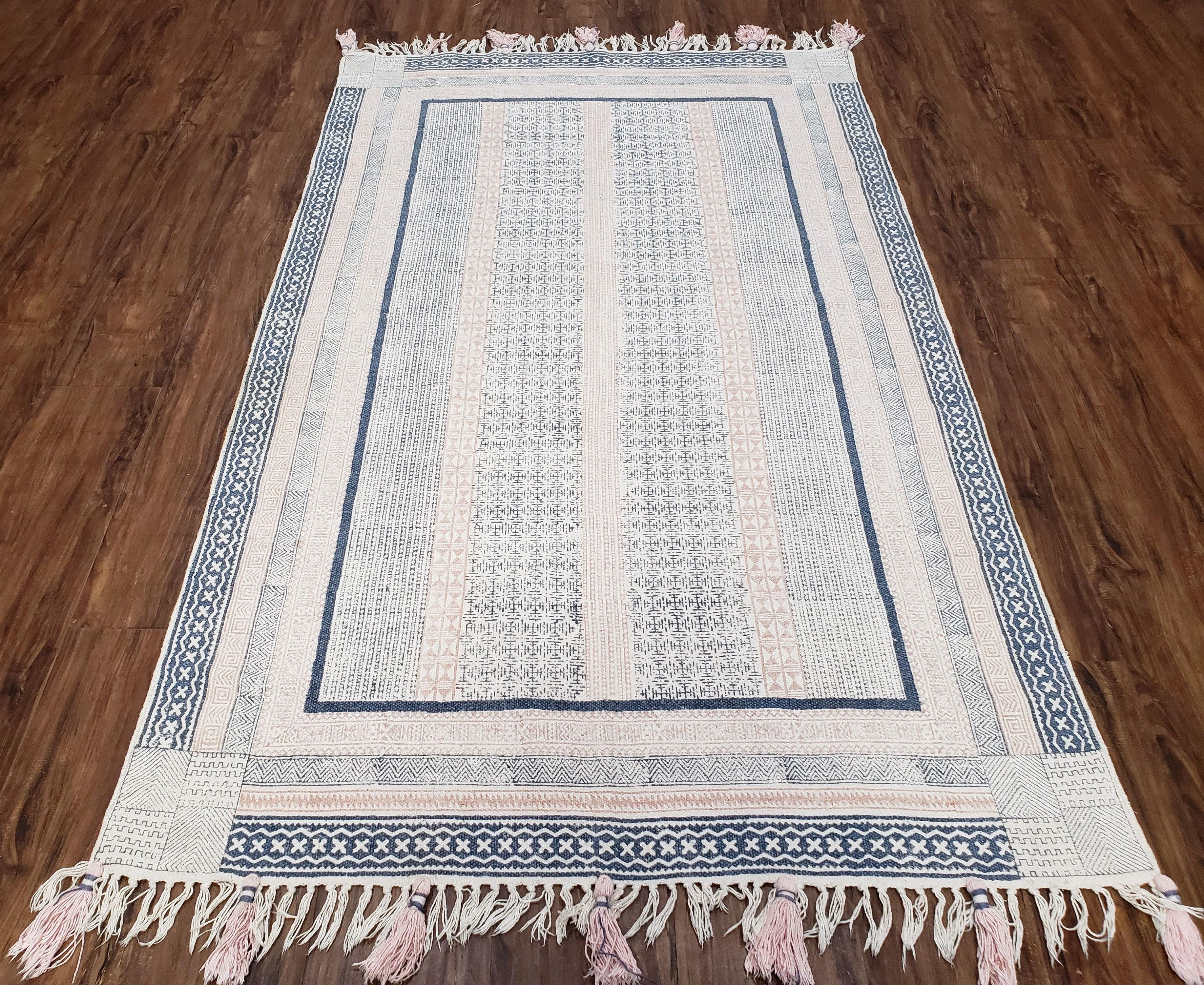 Vintage Moroccan Kilim Area Rug 4x6, Ivory & Blues, Moroccan Wall Hanging, Wool, Handmade, 3'9" x 6' 1", Boho Rug, Flatweave Moroccan Carpet - Jewel Rugs