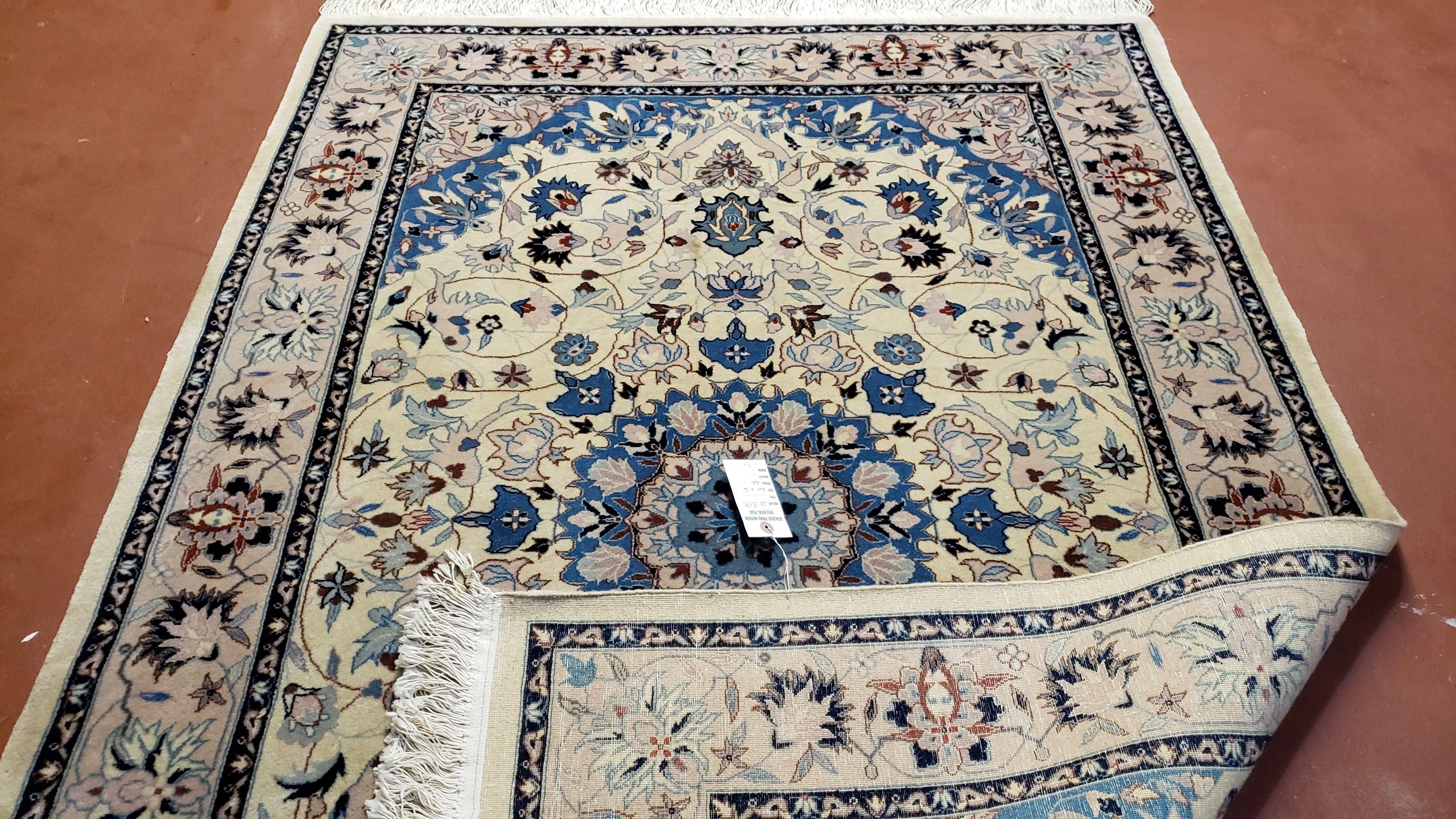 Sino Persian Rug 4x6, Ivory and Blue, Vintage Handmade Wool Oriental Carpet - Jewel Rugs