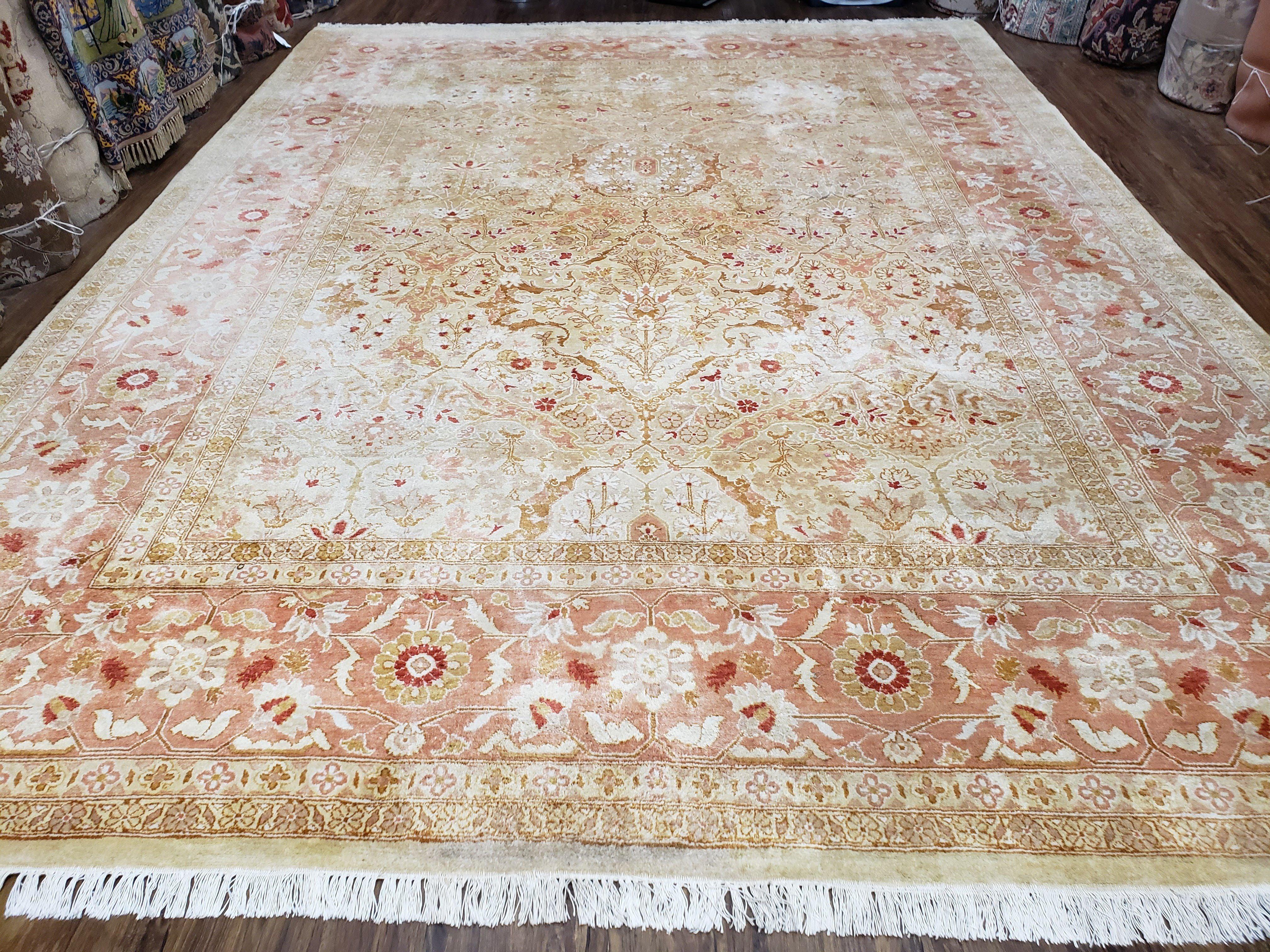 Large Turkish Oushak Rug, 9x12 - 9x13 Rugs, Vintage Turkish Oriental Carpet, Tan Salmon Pink Gold Ivory, Hand Knotted Rug, Room Sized Rug - Jewel Rugs