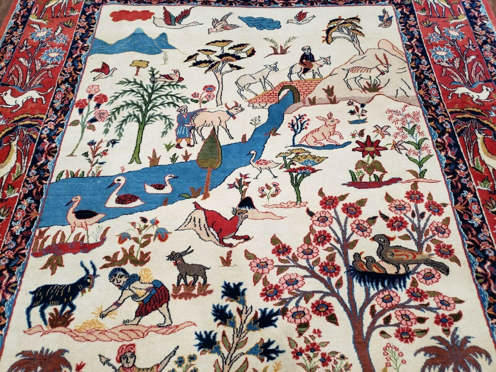 Antique Persian Isfahan Rug 5x7, Animal and Human Pictorials, Hand Knotted Fine Oriental Wool Carpet, Cream and Red, High KPSI, Vintage Rug 5 x 7 ft - Jewel Rugs
