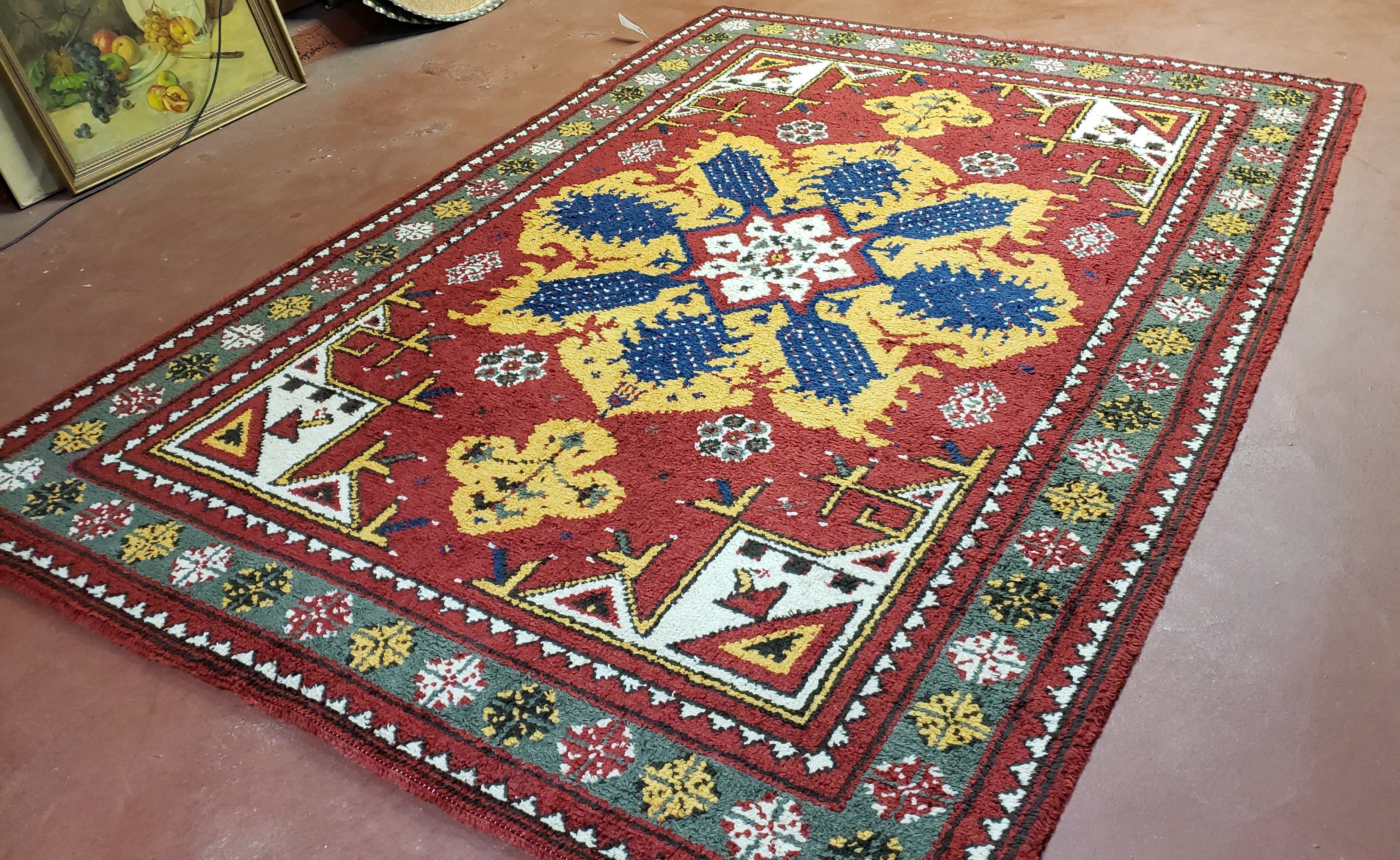 Colorful Moroccan Heriz Rug 6x9, Large Central Medallion, Red Yellow Blue - Jewel Rugs