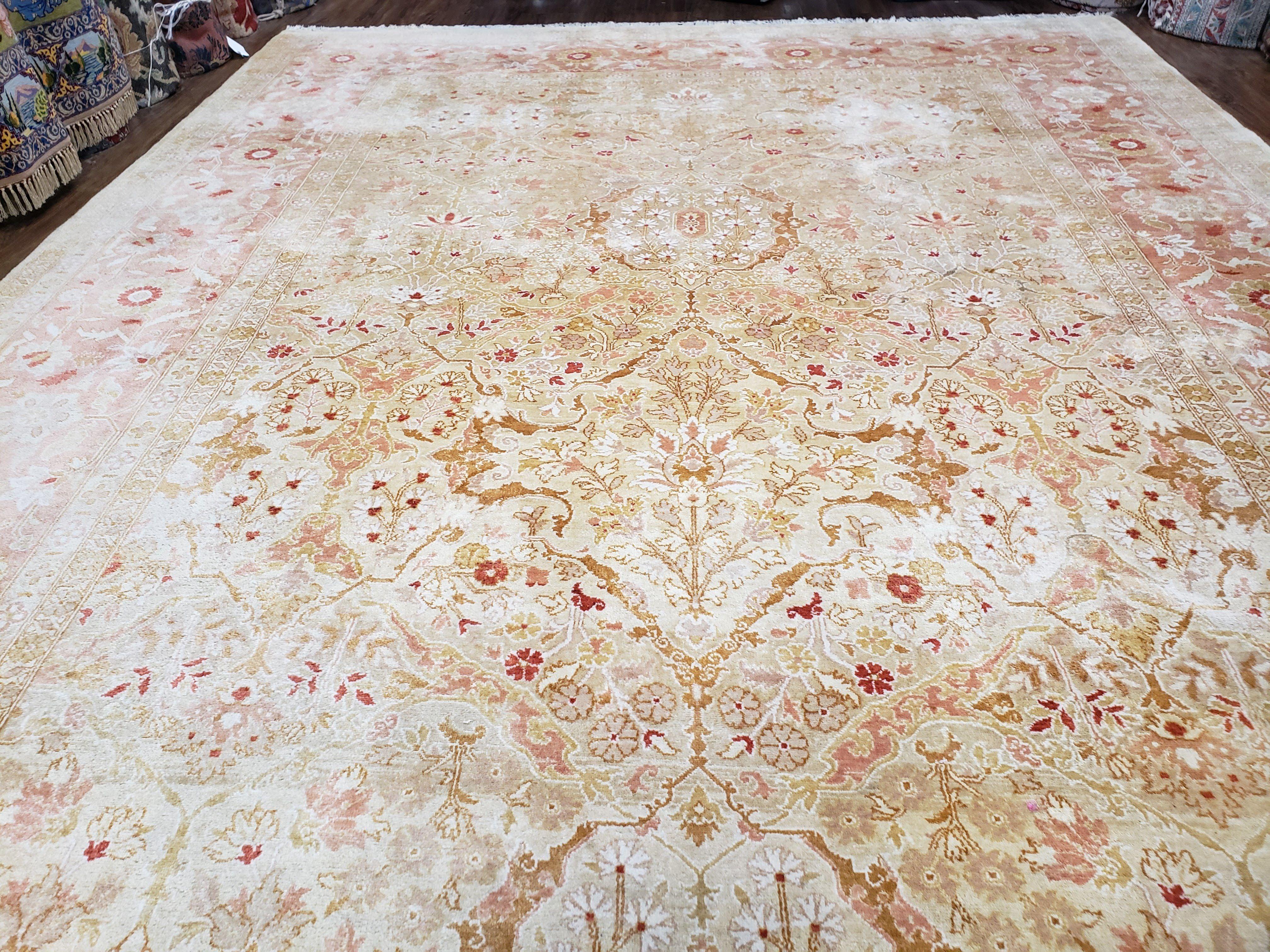 Large Turkish Oushak Rug, 9x12 - 9x13 Rugs, Vintage Turkish Oriental Carpet, Tan Salmon Pink Gold Ivory, Hand Knotted Rug, Room Sized Rug - Jewel Rugs