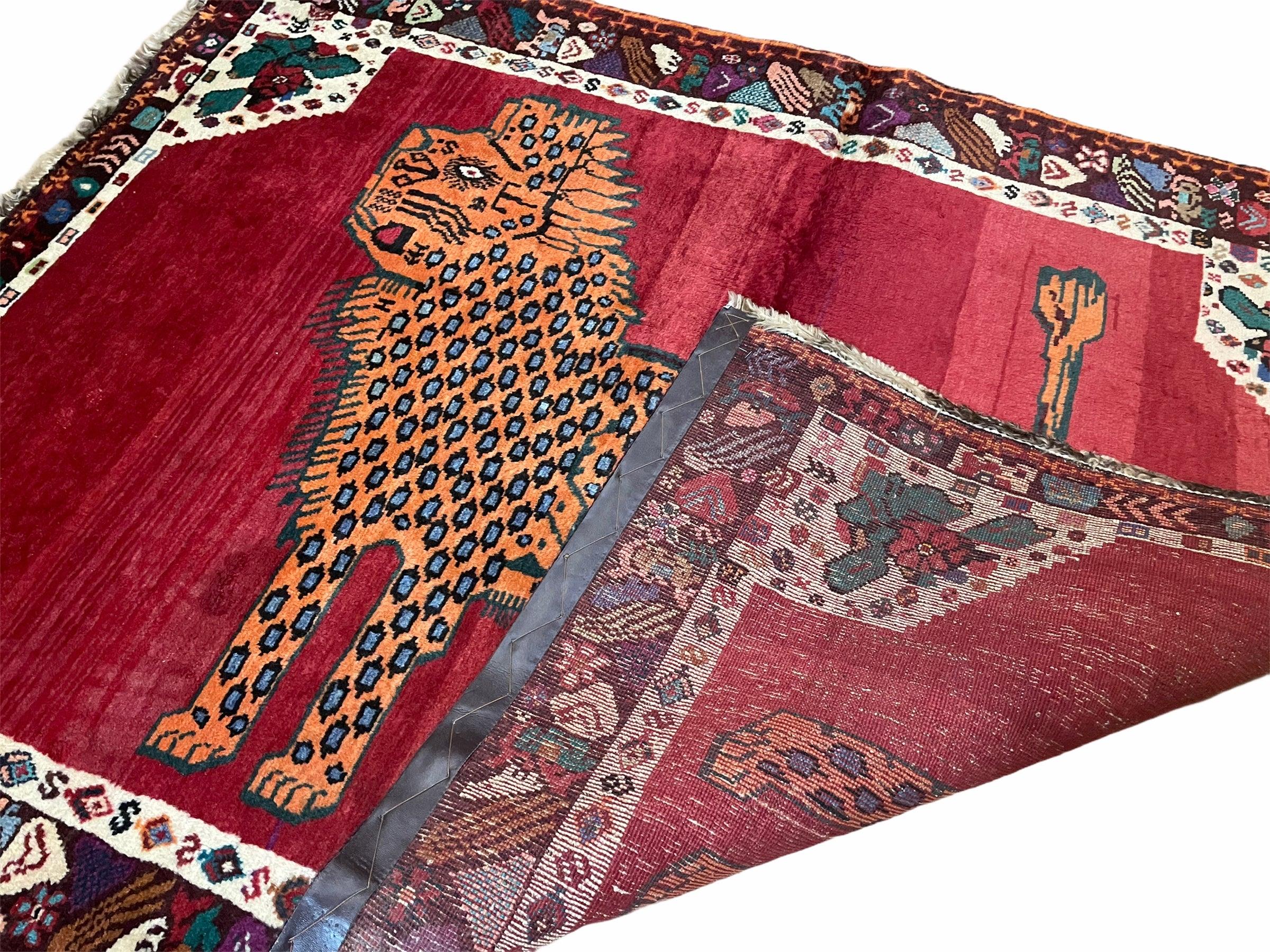 Antique Persian Gabbeh Wool Rug 4x5, Lion Pictorial Rug, Red Orange Black, Hand Knotted Handmade Vintage Gabbeh Carpet 4 x 5 ft, Tribal Rug - Jewel Rugs