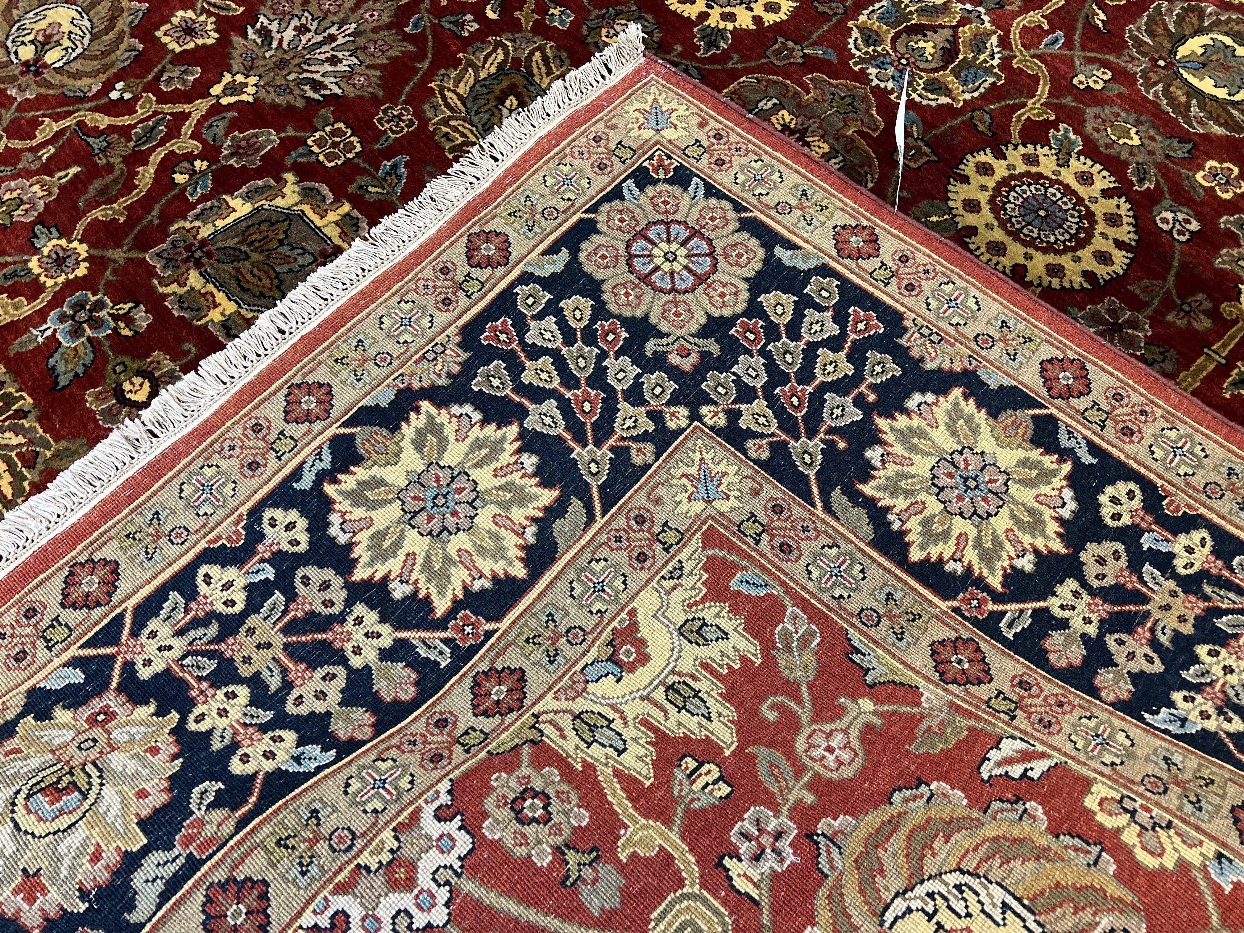 Indo Persian Rug 9x12, Hand Knotted Traditional Indian Wool Oriental Carpet 9 x 12 ft, Maroon and Navy Blue, Floral Allover 9x12 Vintage Rug - Jewel Rugs