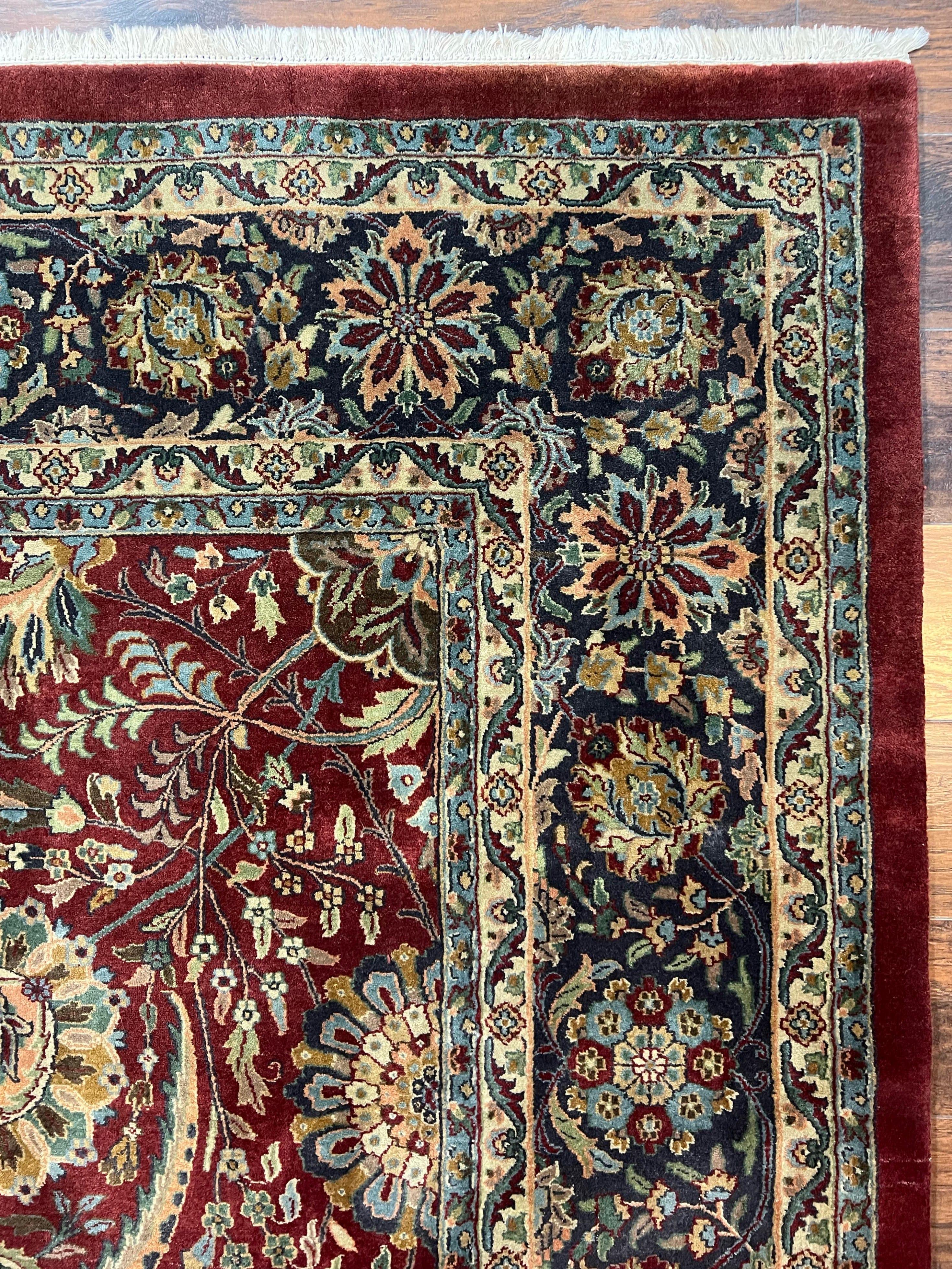 Large Indian Agra Rug 10x13, Maroon Midnight Blue Tan Hand Knotted Wool Oriental Carpet 10 x 13 ft, Floral Allover, Vintage Traditional Rug - Jewel Rugs