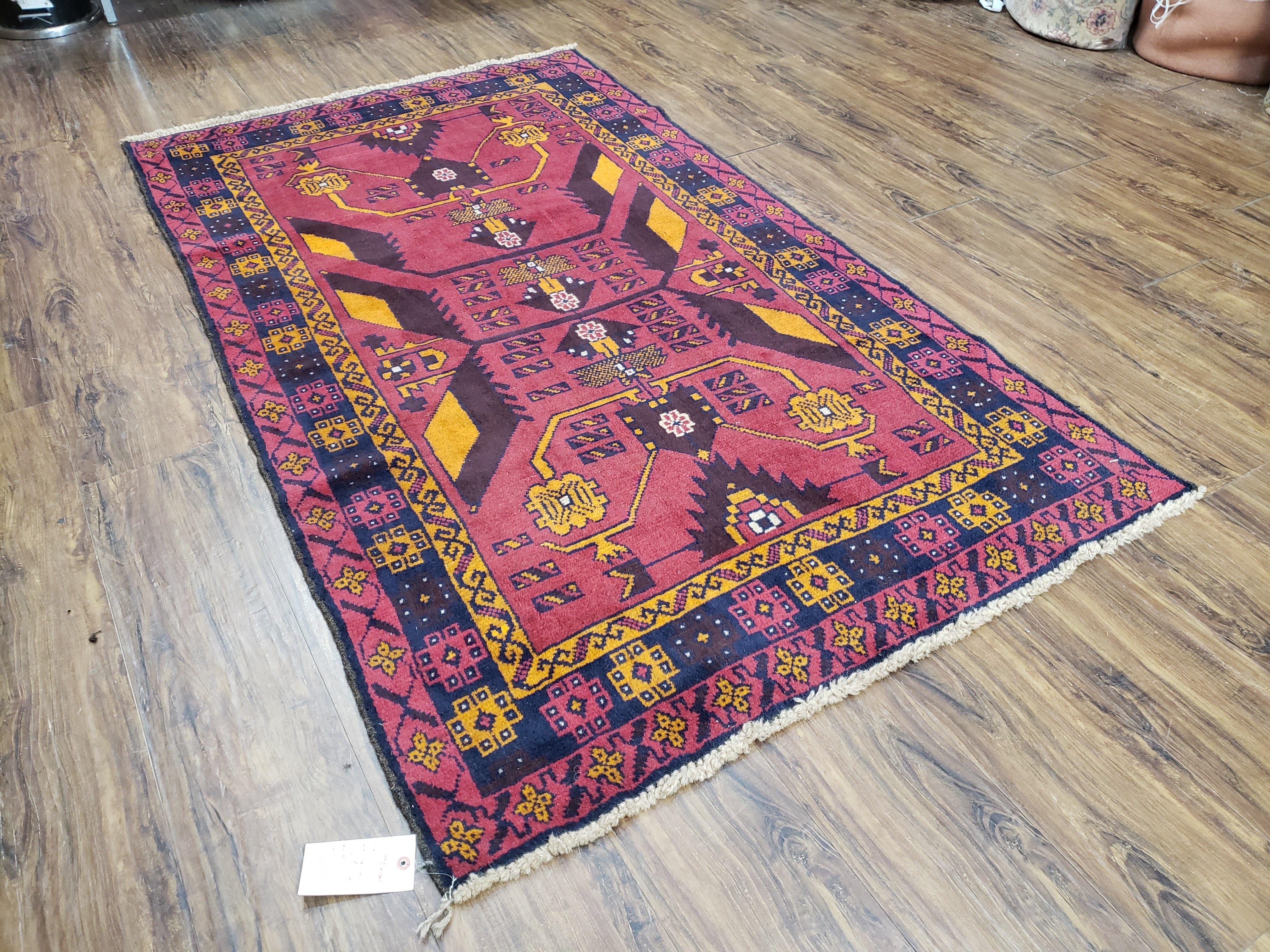 Vintage Balouchi Rug 3.8 x 6.4 ft, Small Baluch Carpet, Hand-Knotted Vivid Colors, Wool Nomadic Tribal Rug, Bohomenian Area Rug, Red Blue - Jewel Rugs