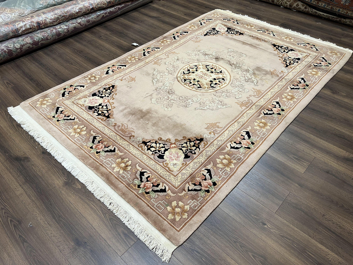 Chinese Wool Rug 6x9, Vintage 1960s Art Deco Tientsin 90 Line Carpet