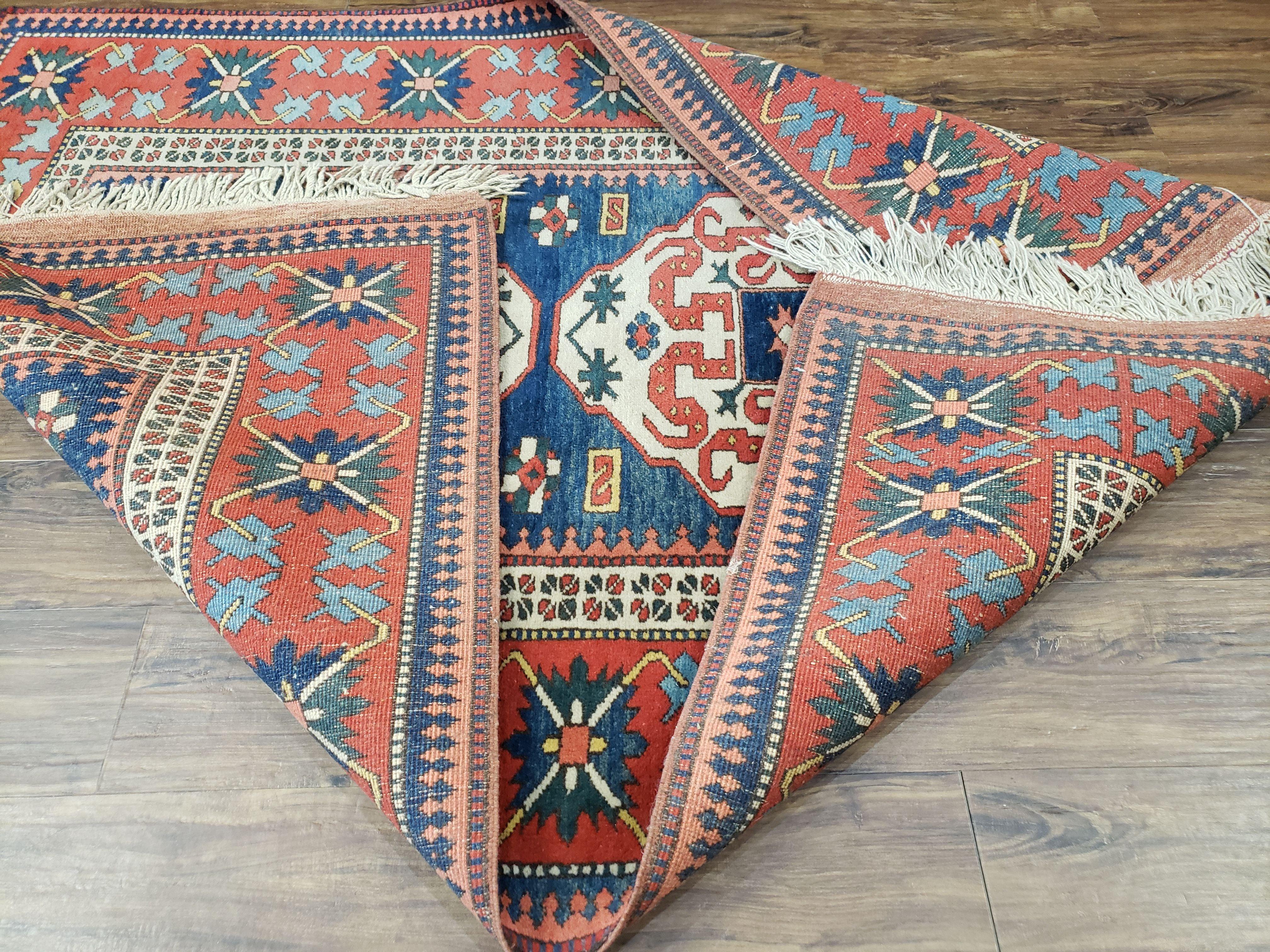 Turkish Kazak Rug 5x6 Vintage Handmade Wool Carpet Geometric Blue Red - Jewel Rugs