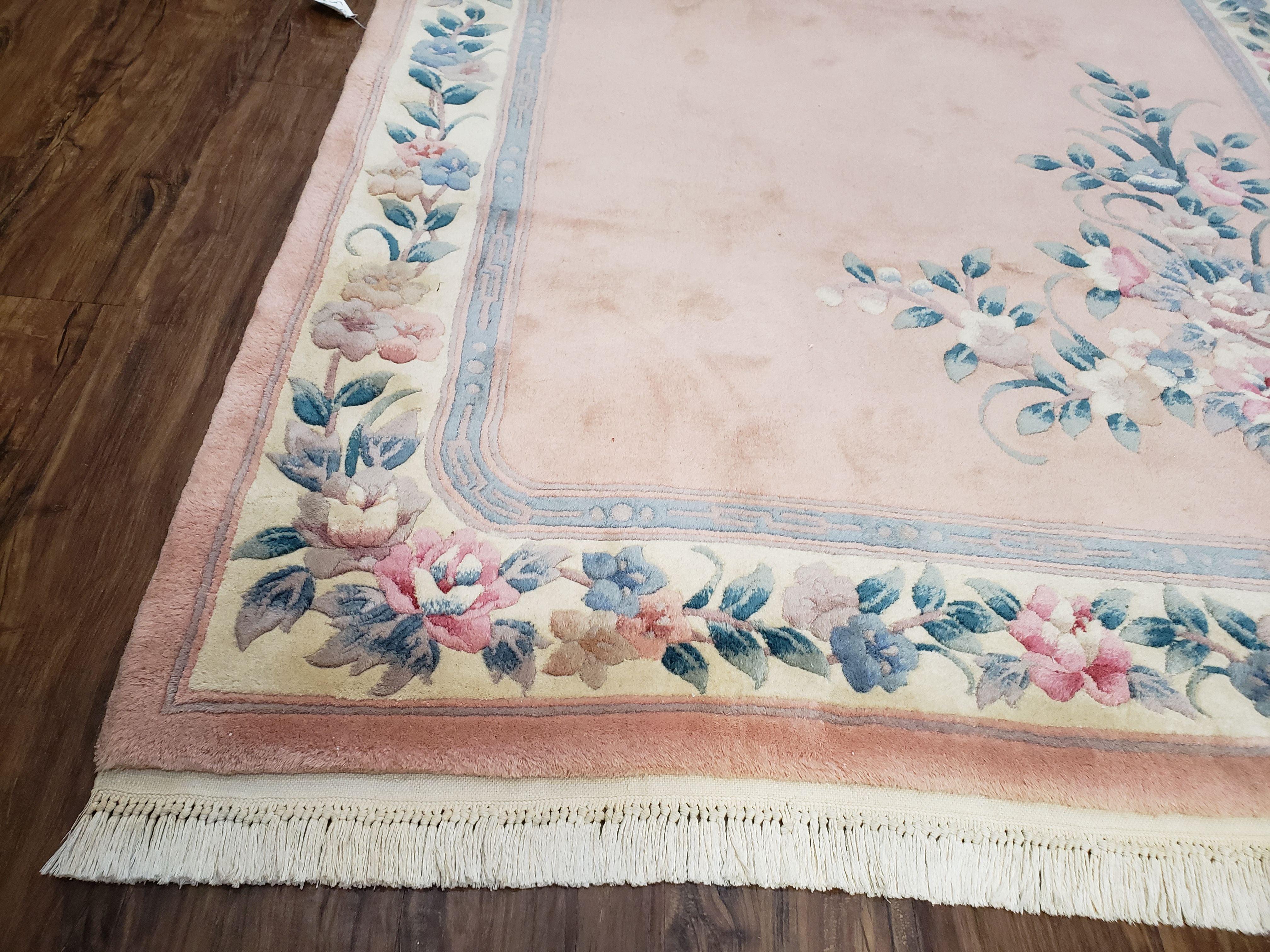 Vintage Light Pink Chinese Carving Area Rug, Floral Plush Carpet, Soft Pile, Hand-Knotted, Pink & Teal, Pastel Colors Home Decor, 5.4 x 8.2 - Jewel Rugs