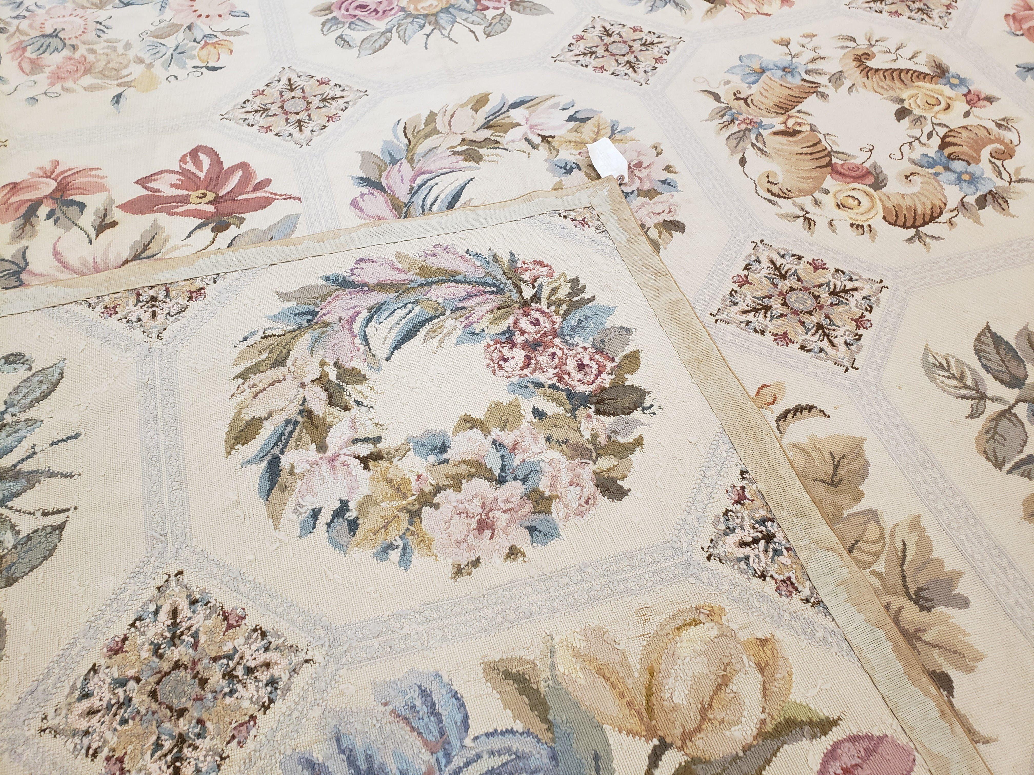 Needlepoint Rug 10x13 Vintage Carpet, Floral Panel Design, Beige, Multicolor Flowers, Handmade Hand Woven, Flatweave, No Pile, Wool - Jewel Rugs