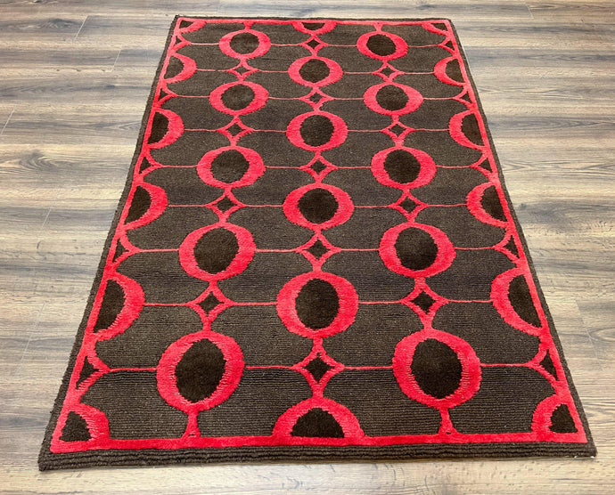 Modern Tibetan Rug 3.8 x 5.7, Raspberry Red and Dark Brown, Abstract Circle Design, Hand Knotted, Soft Wool Handmade Tibet Nepali Carpet 4x6 - Jewel Rugs