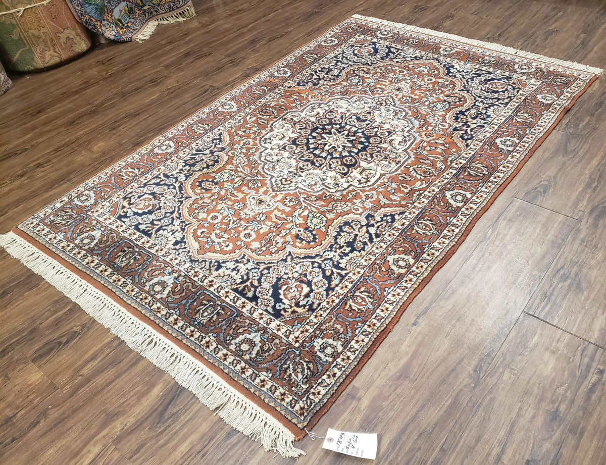 Antique Indian Kashmiri Area Rug 4x6, Wool HandKnotted Red & Ivory Fl