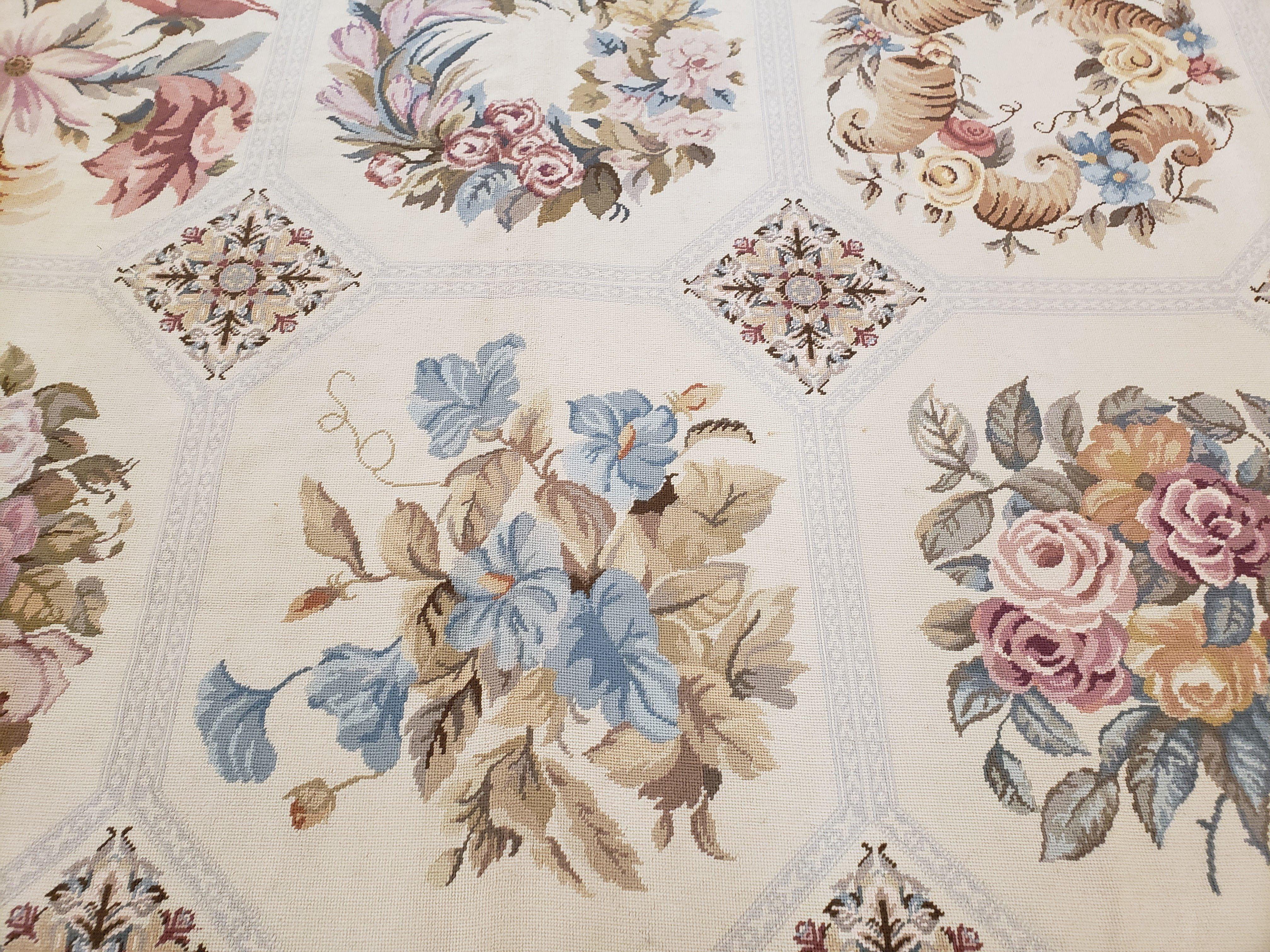 Needlepoint Rug 10x13 Vintage Carpet, Floral Panel Design, Beige, Multicolor Flowers, Handmade Hand Woven, Flatweave, No Pile, Wool - Jewel Rugs