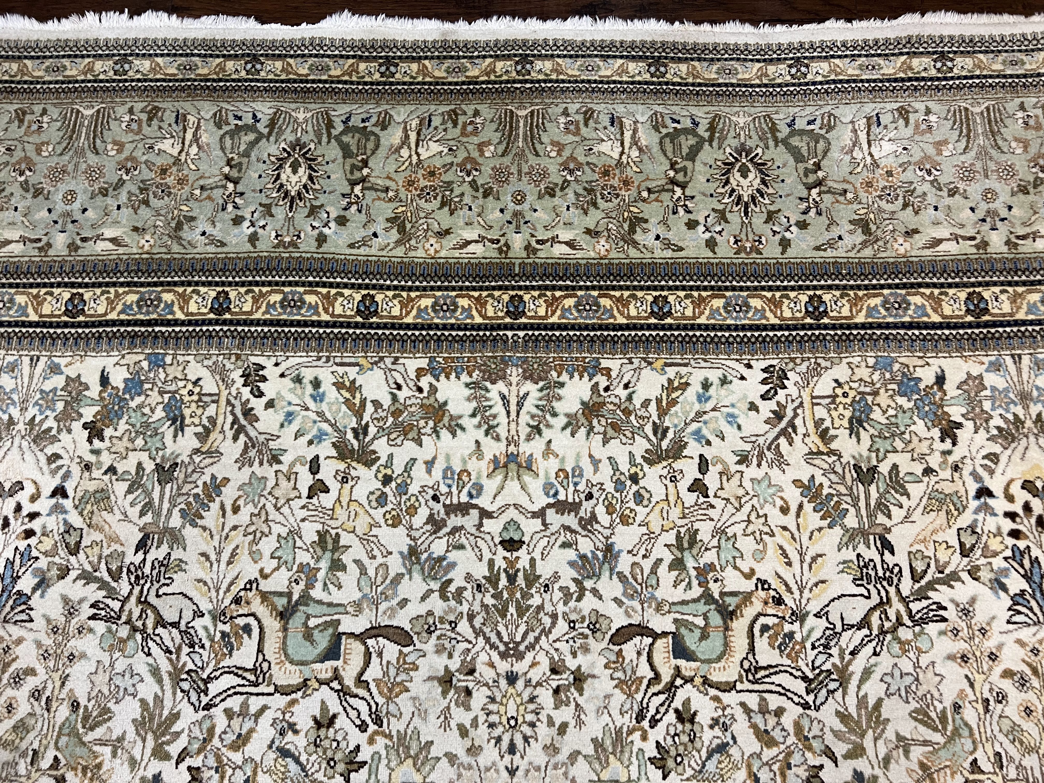 Wonderful Persian Tabriz Rug 10x16, Ivory and Light Green Oriental Carpet, Large Wool Handmade Rug 10 x 16, Floral, Hunting Scene Horsemen Animals - Jewel Rugs