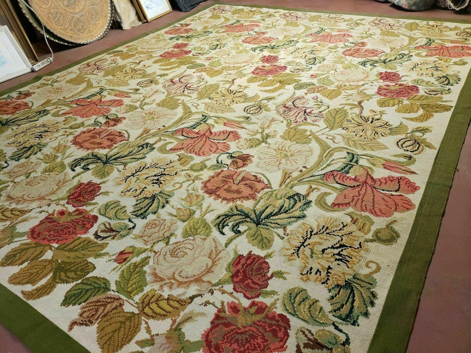 Needlepoint Rug 10x13 Handmade English Needlepoint Floral Roses Carpet Wool - Jewel Rugs