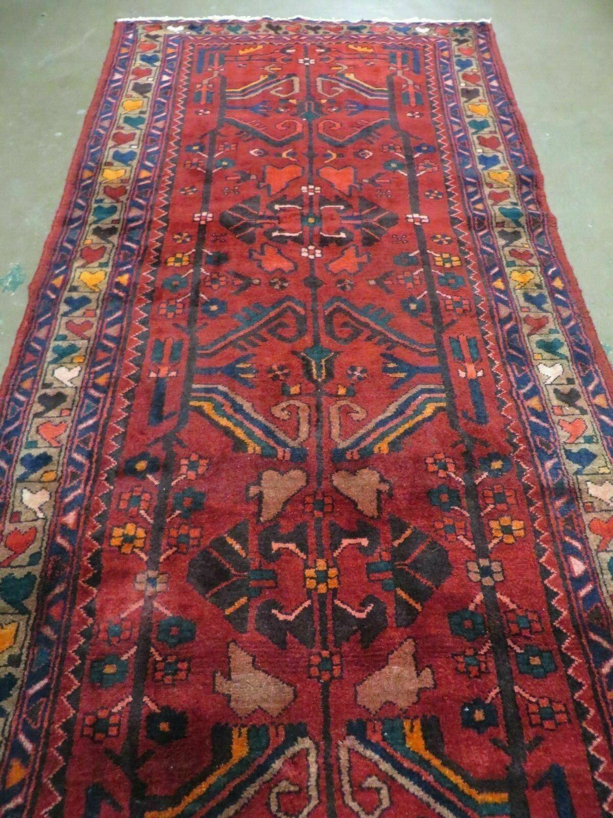 Antique Persian Hamadan Runner 3.4 x 9.7 - Wool, Red and Navy Blue - Jewel Rugs