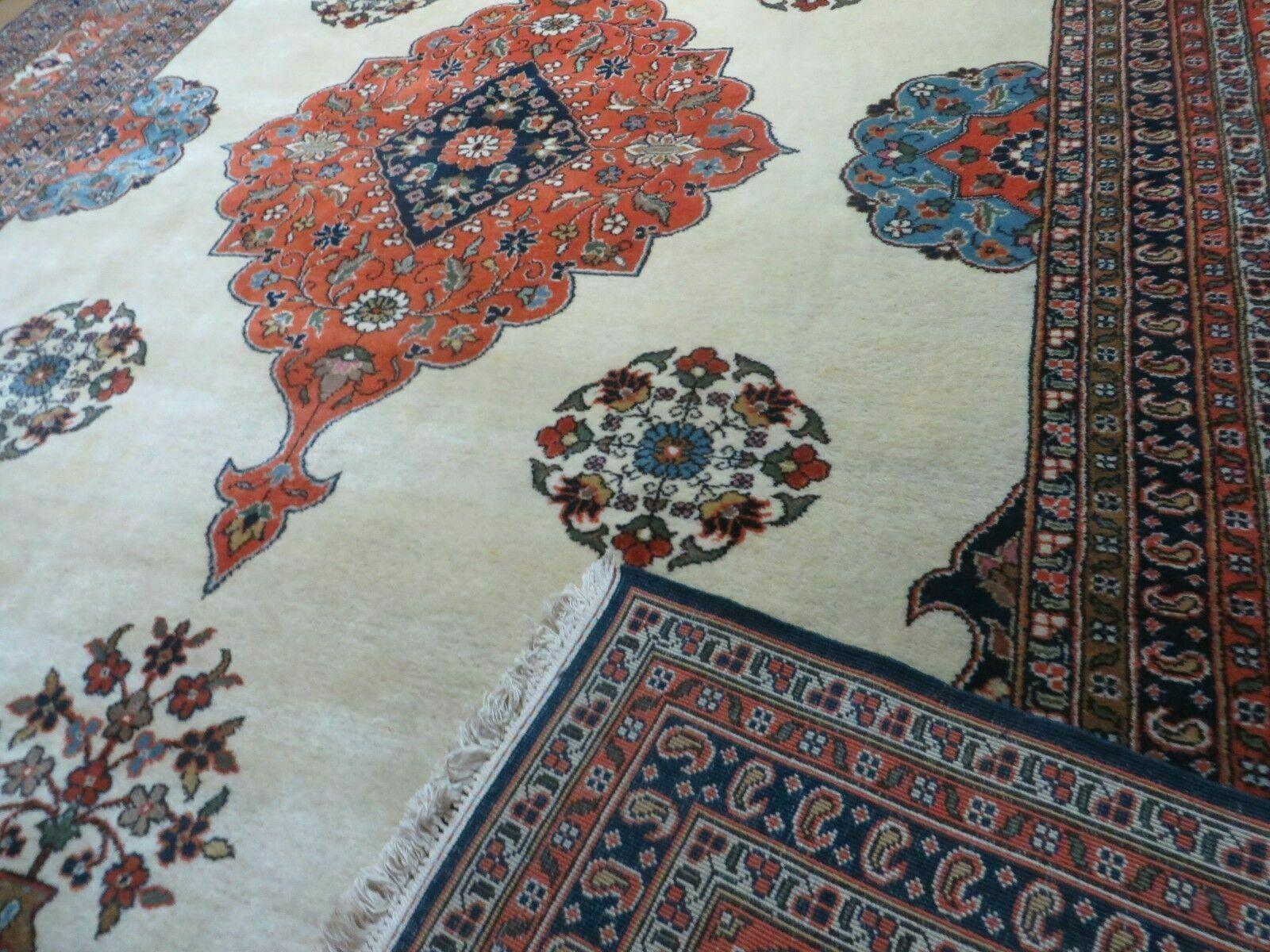 Indo Persian Rug 9x12, Semi Open Field Medallion, Ivory Tomato Red Navy Blue, Hand Knotted Indian Oriental Wool Carpet 9 x 12 ft, Room Sized - Jewel Rugs