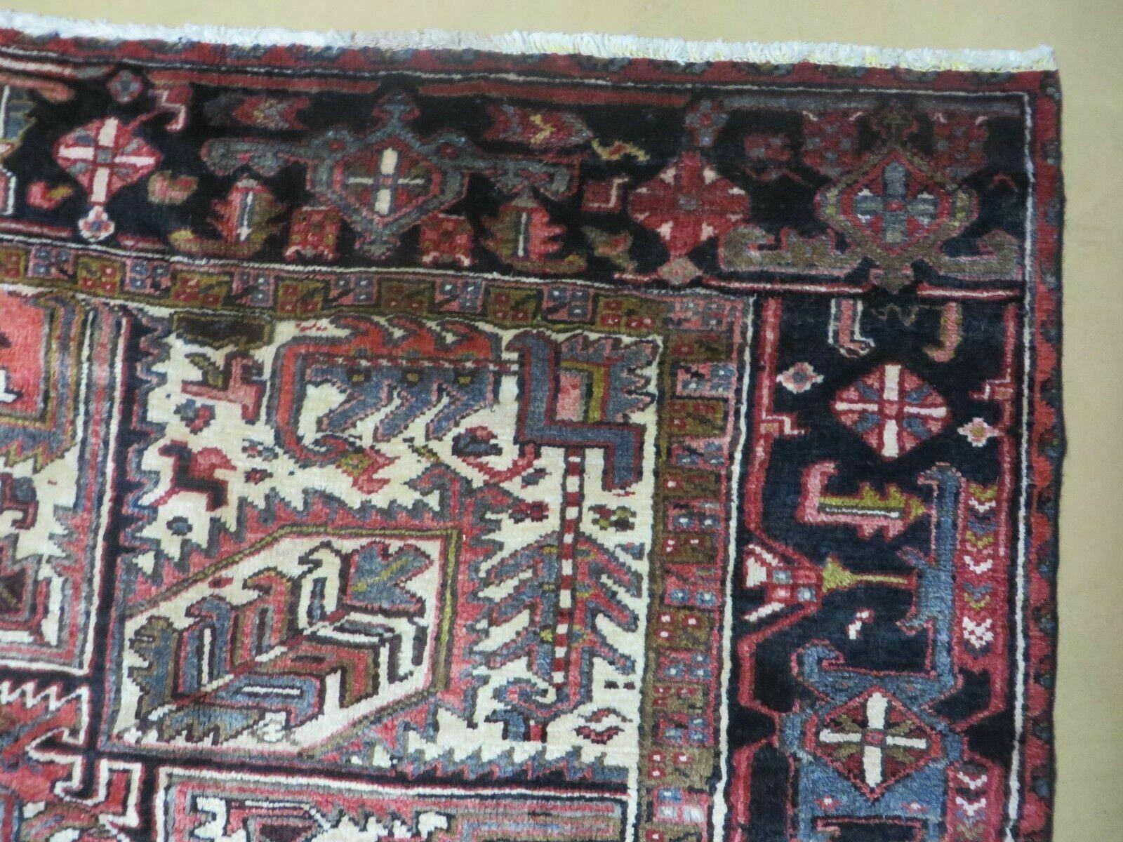 Persian Heriz Rug 8x12 Semi Antique Heriz Carpet, Room Sized Persian Carpet, Geometric Medallion, Wool, Hand Knotted, Red Ivory Dark Blue - Jewel Rugs