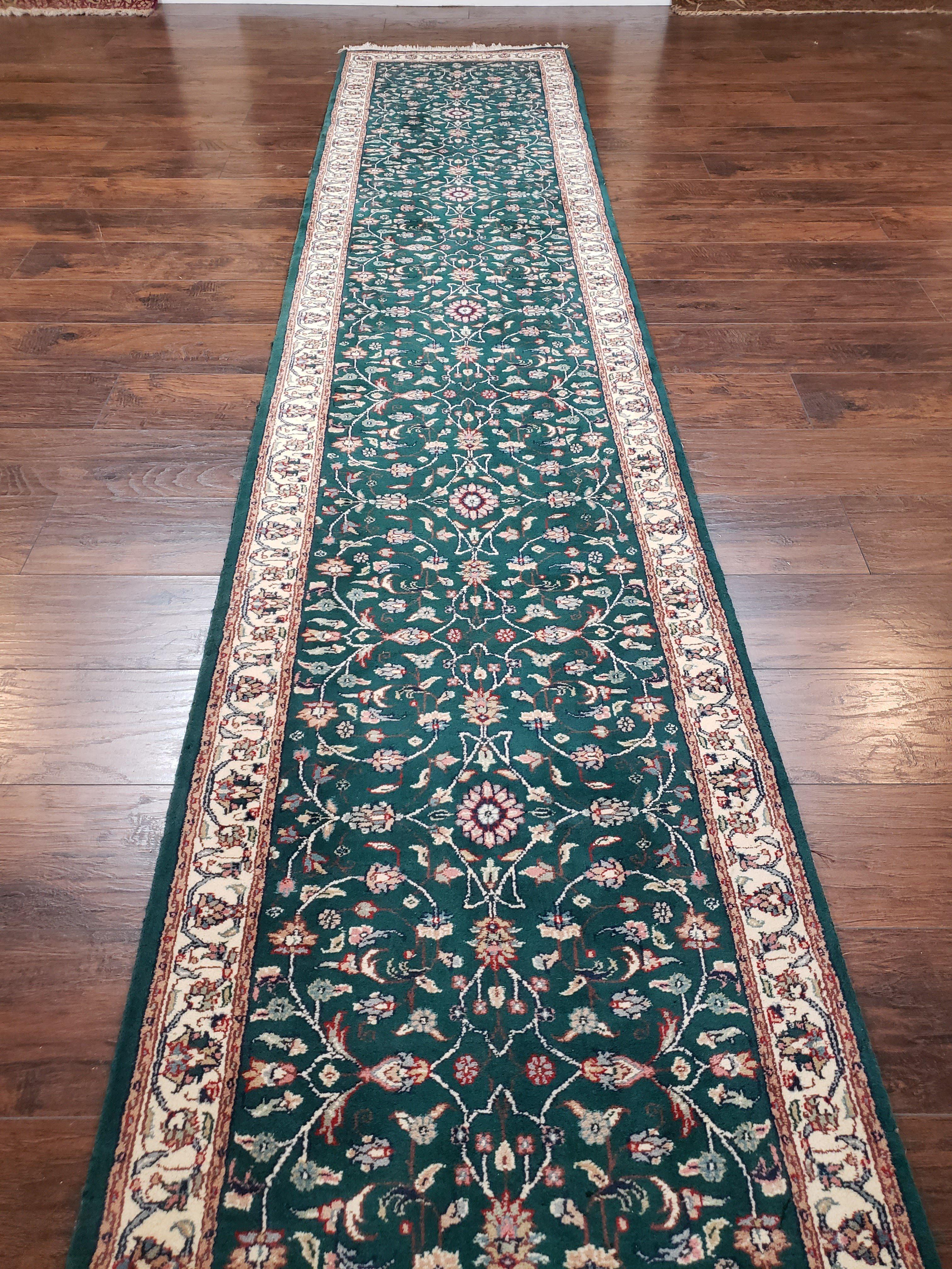 Extra Long Runner Rug 24 ft, Skinny & Long Rug for Hallway Corridor 2.6 x 24 Indo Persian Vintage Wool Rug Green and Cream Handmade Oriental - Jewel Rugs