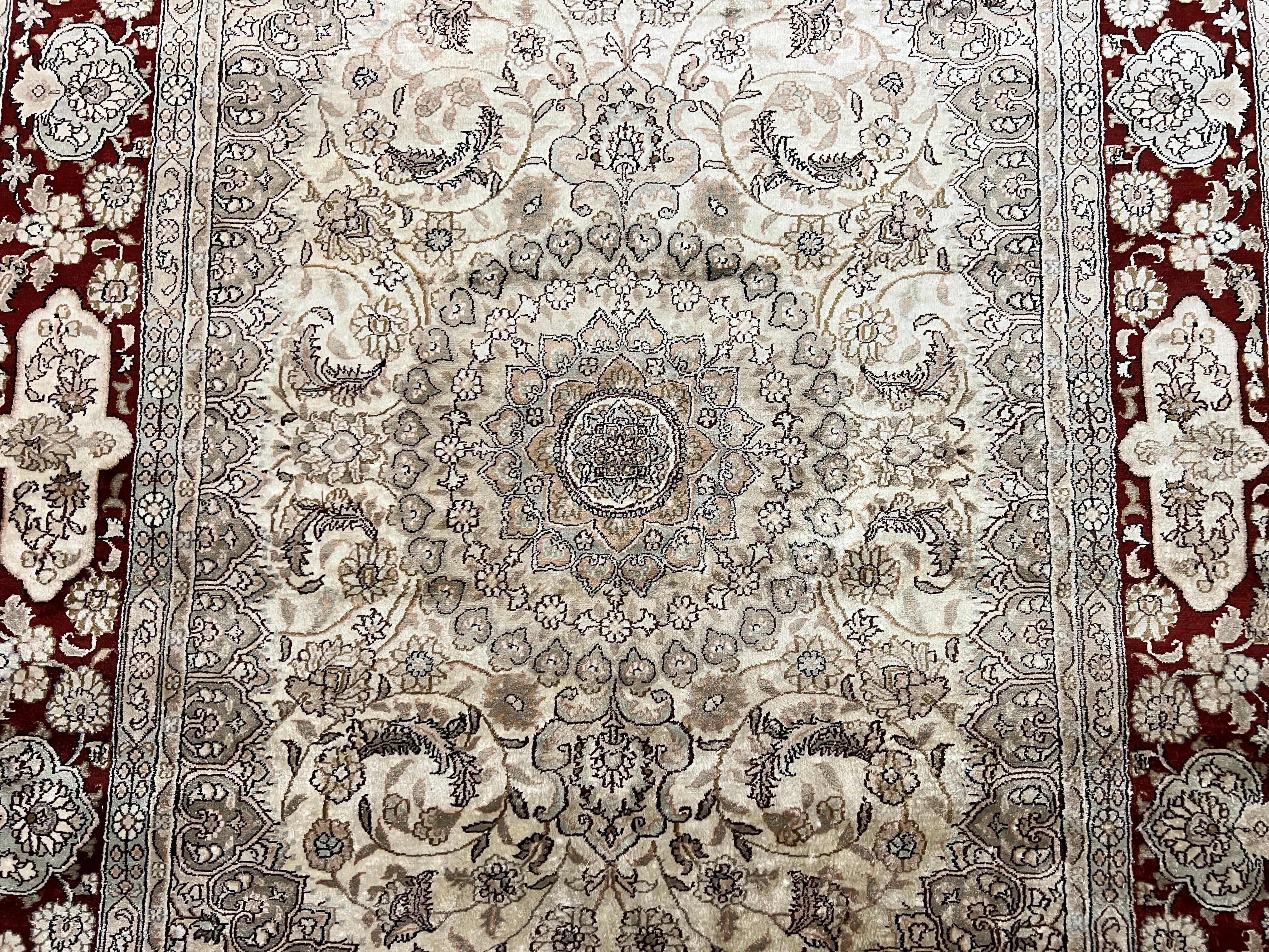 Silk Indian Kashmiri Rug 4x6 ft, Floral Medallion Hand Knotted Handmade Oriental Carpet, Vintage, Cream Burgundy, Very Fine Silk Rug 4 x 6 - Jewel Rugs