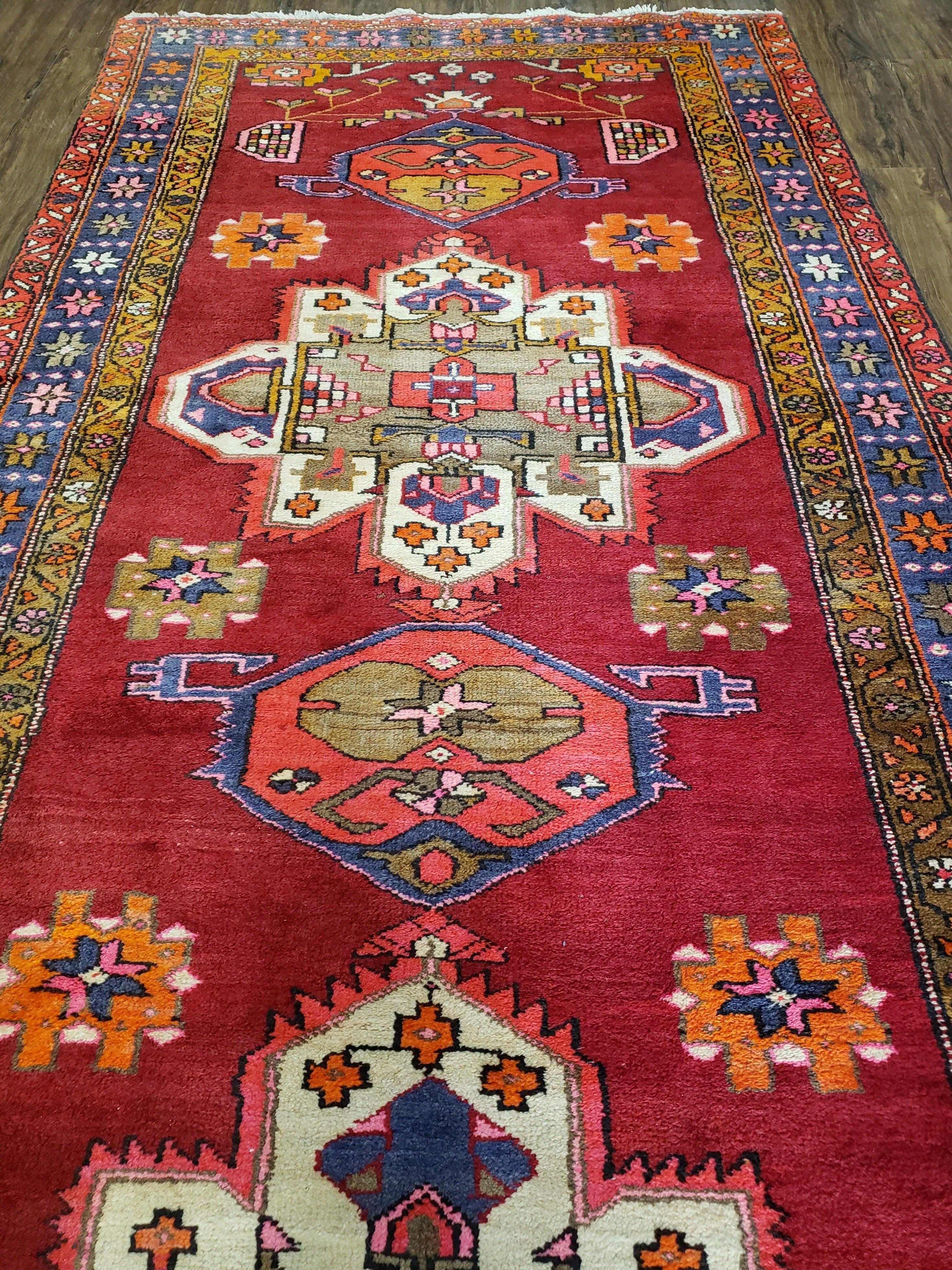 Antique Persian Karajeh Runner Rug 4.4 x 11 ft, Red Colorful Bold Vintage Tribal Geometric Heriz Runner, Village Runner, High Quality Handmade, 11ft Runner - Jewel Rugs
