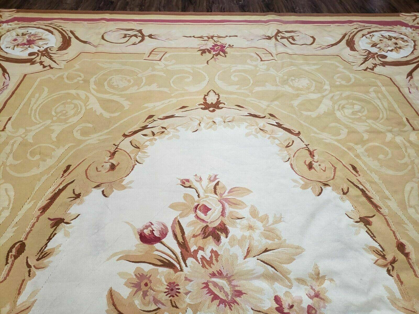 Aubusson Rug 10x13, Savonneire Carpet 10 x 13 ft, Handmade Vintage Flatweave Room Sized Wool Floral Aubusson, Cream/Tan Ivory Reds Pinks - Jewel Rugs