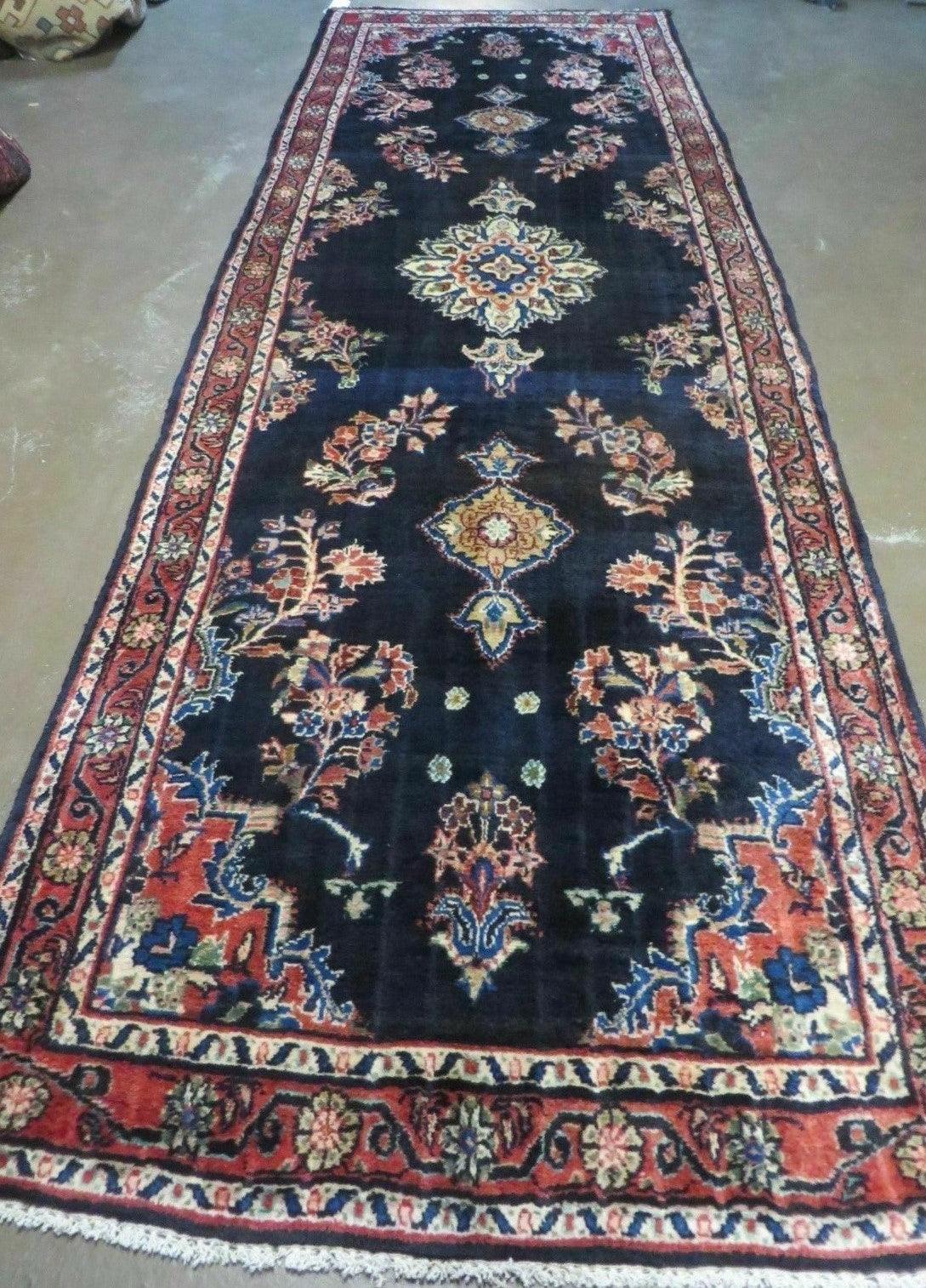 Persian Runner Rug 3.7 x 10.9, Antique Persian Lilihan Lilian Sarouk Wool Handmade Oriental Tribal Hallway Runner, Navy Blue Red Cream, Floral Semi Open Field Medallion - Jewel Rugs