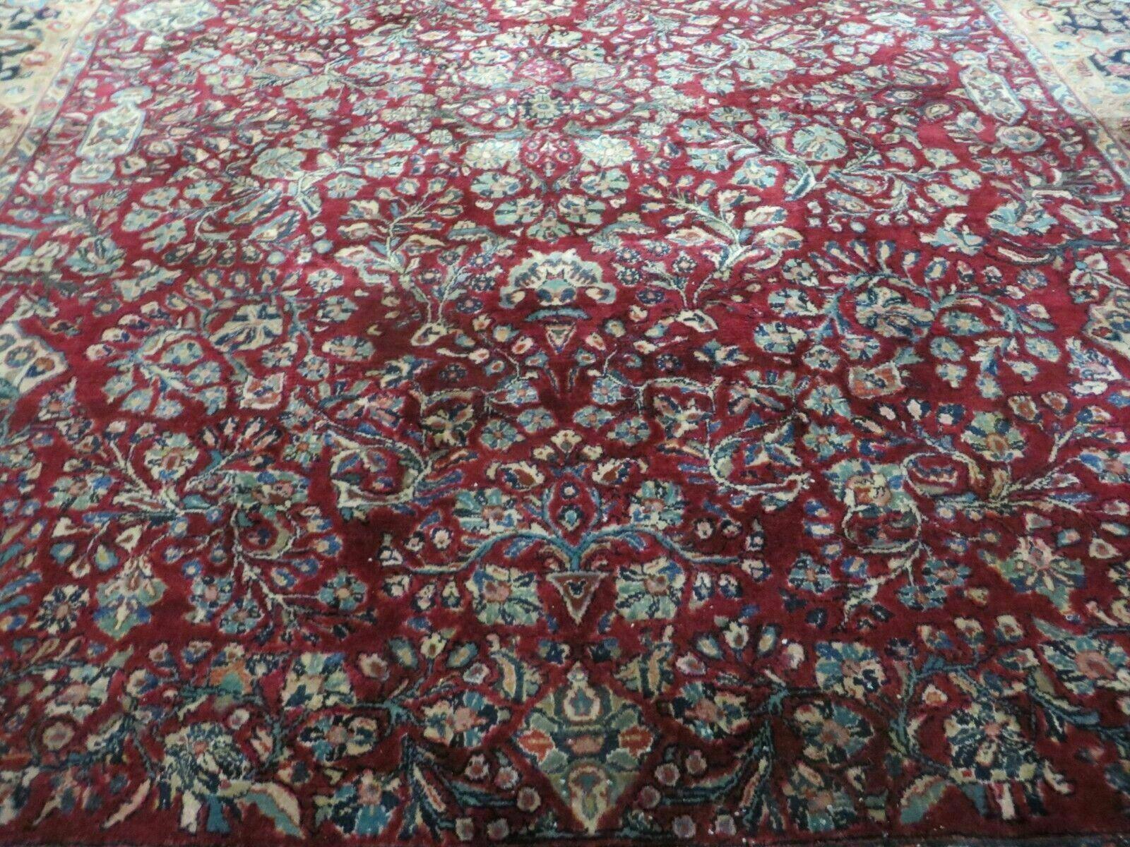 Antique Persian Sarouk Rug 9x11 Red Navy Blue Oriental Carpet, Allover Floral Pattern, Hand Knotted, Wool, Room Sized 9 x 11 ft - Jewel Rugs