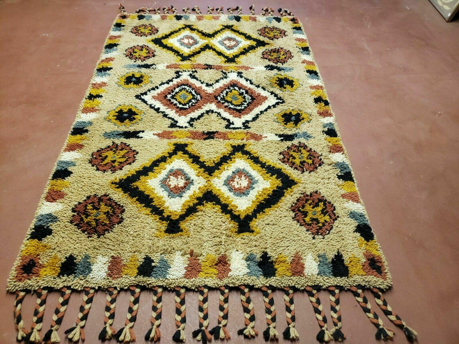 Portuguese Rya Style Shag Rug Moroccan Design, 4x6 Vintage Colorful Geometric Rug, Handmade Wool Gold Tan, Soft Pile Rug - Jewel Rugs