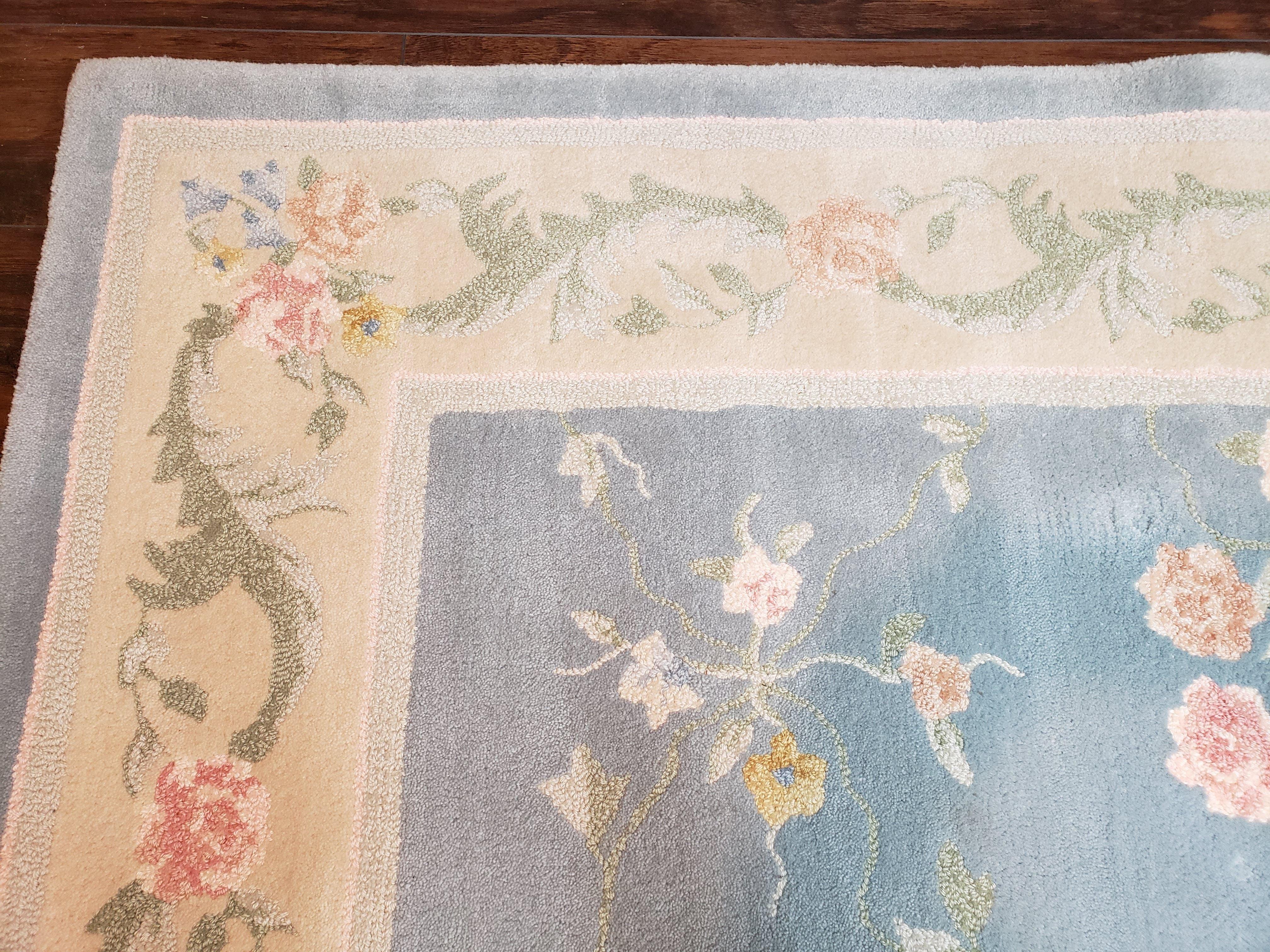 Vintage Edward Fields Room Size Area Rug 10x15, Wool Hand Tufted Light Blue Cream Floral American Carpet, 10 x 15 Large Living Room Rug - Jewel Rugs