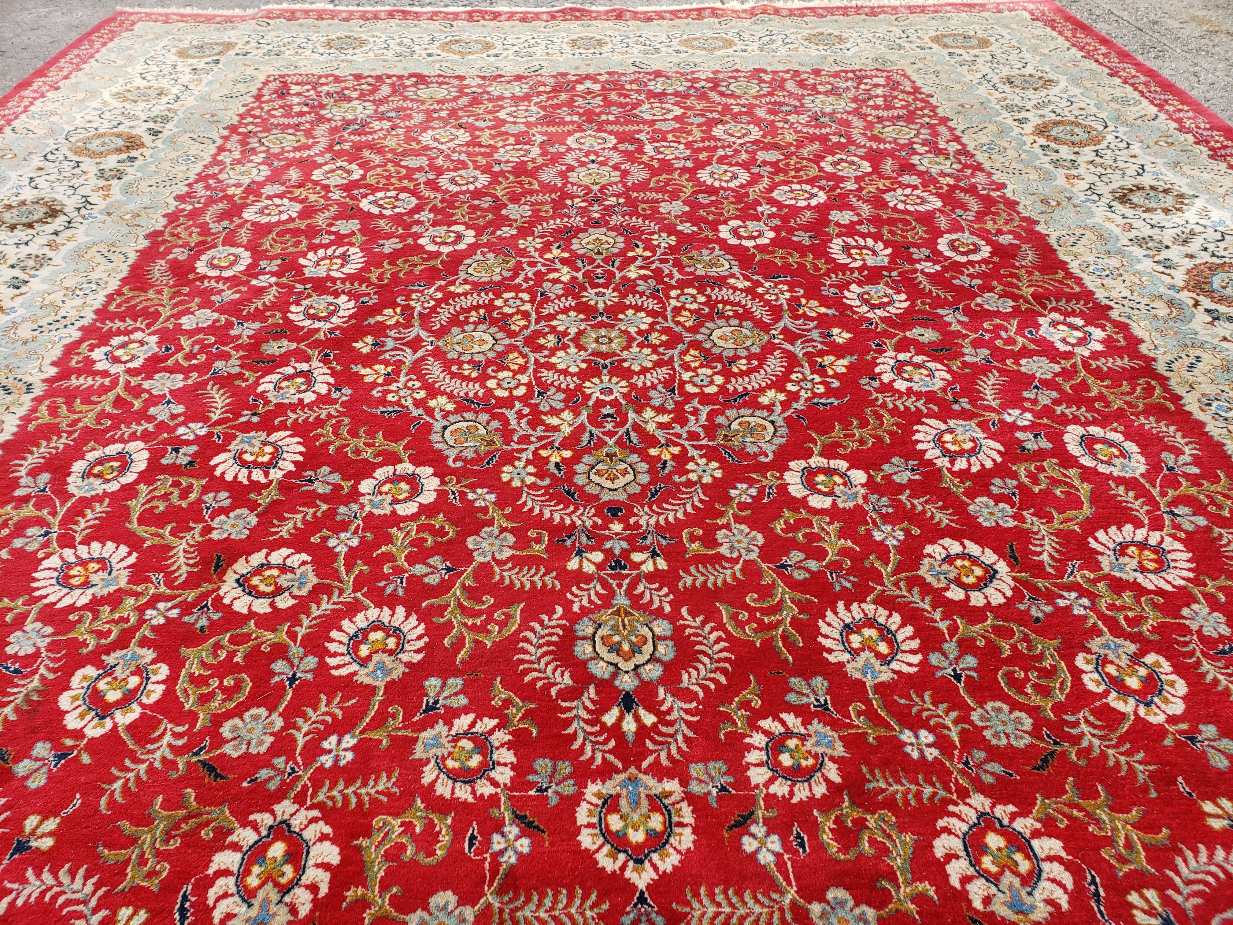 Signed Persian Kashan Rug 10x13 Oriental Carpet 10 x 13 Wool Rug, Allover Floral Medallion, Red Ivory Light Blue, Hand Knotted, Large Persian Rug - Jewel Rugs
