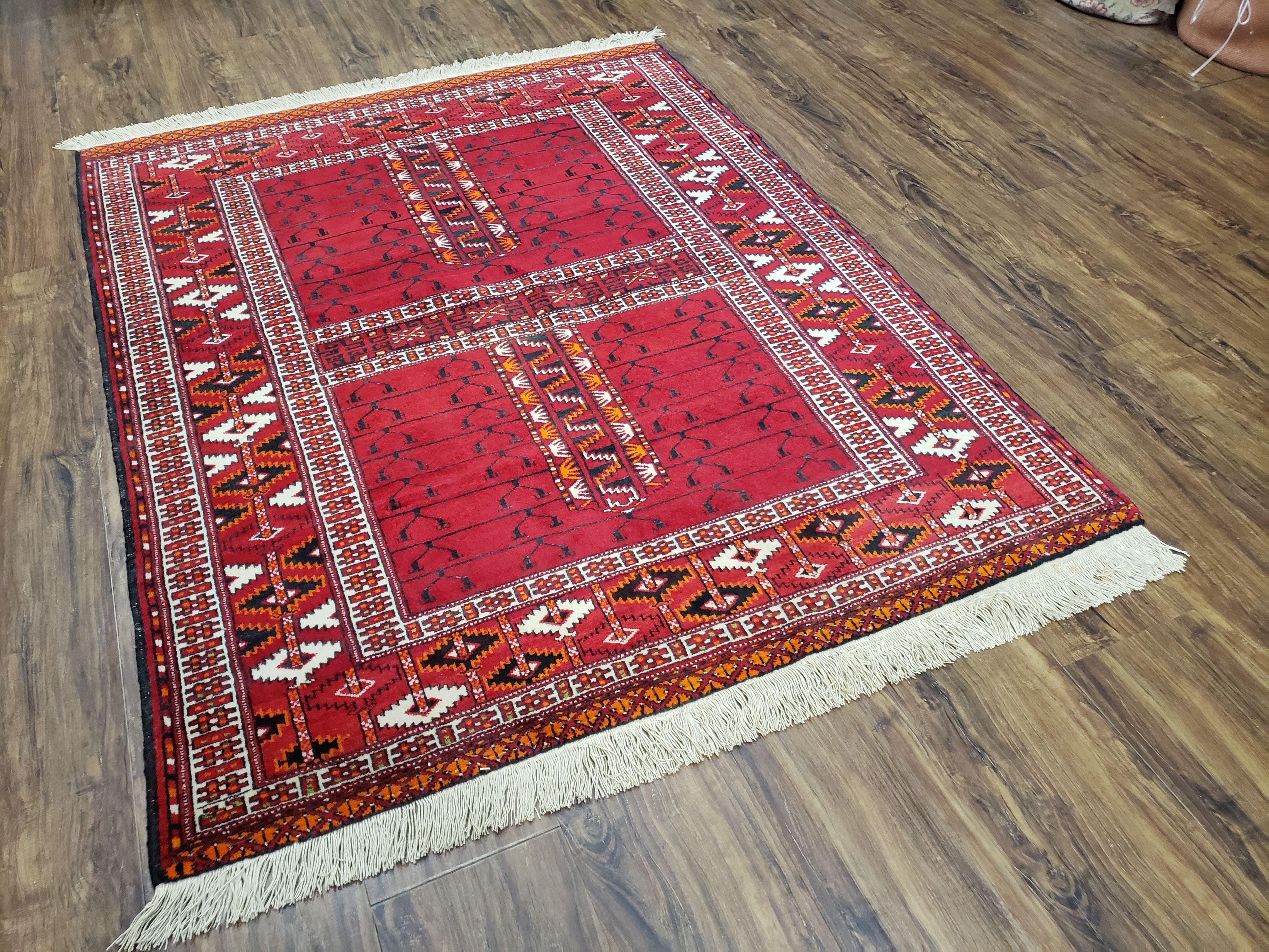 Antique Persian Turkoman Rug 4x5, Hatchli Tekkeh Ersari Red Tribal Rug, Handmade Wool Oriental Carpet, Four Seasons Rug - Jewel Rugs