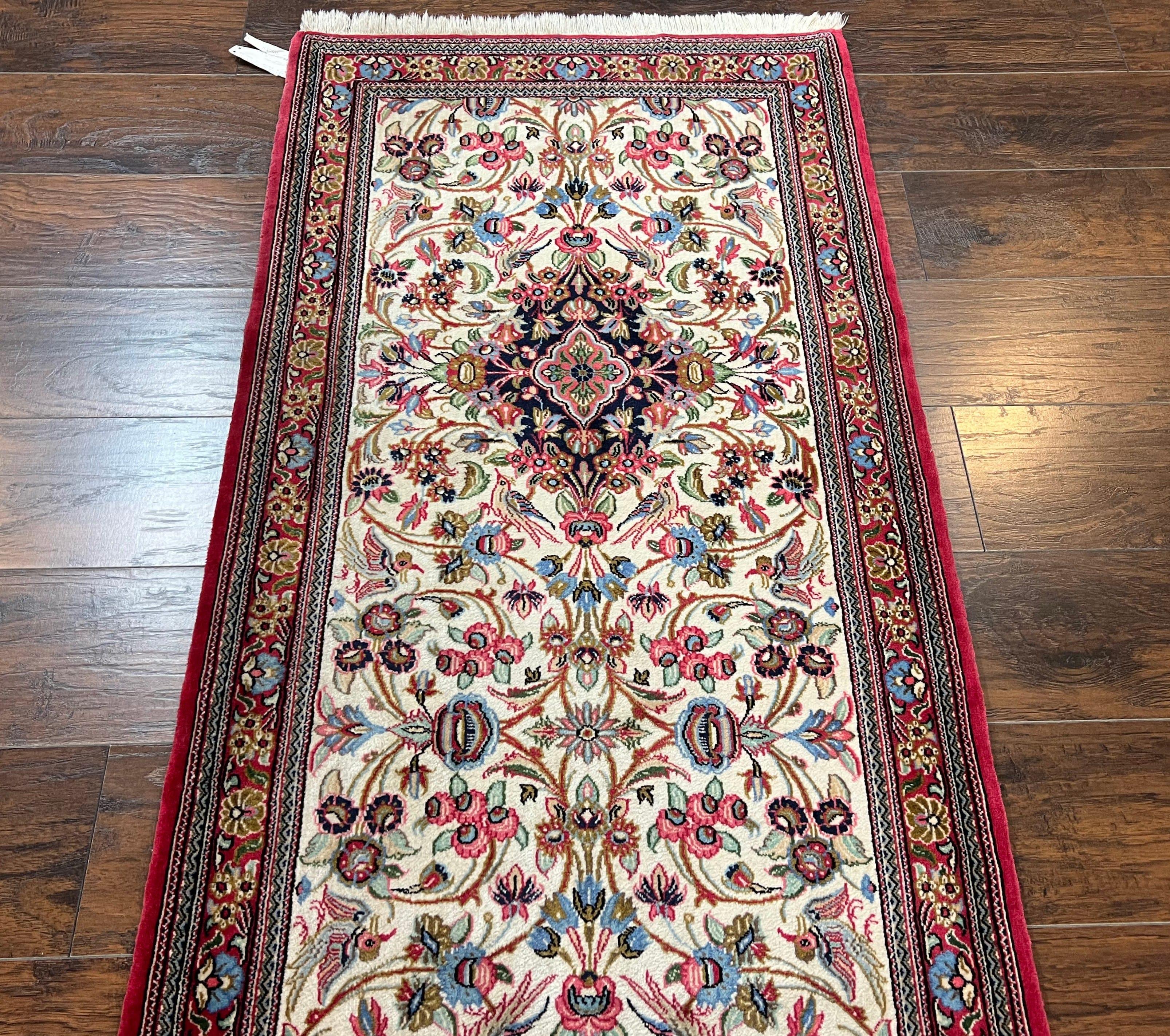Wonderful Persian Qum Runner Rug 2.8 x 10 ft, Floral Medallions with Bird Motifs, Hand Knotted Wool Fine Oriental 10ft Hallway Runner, Cream Red - Jewel Rugs