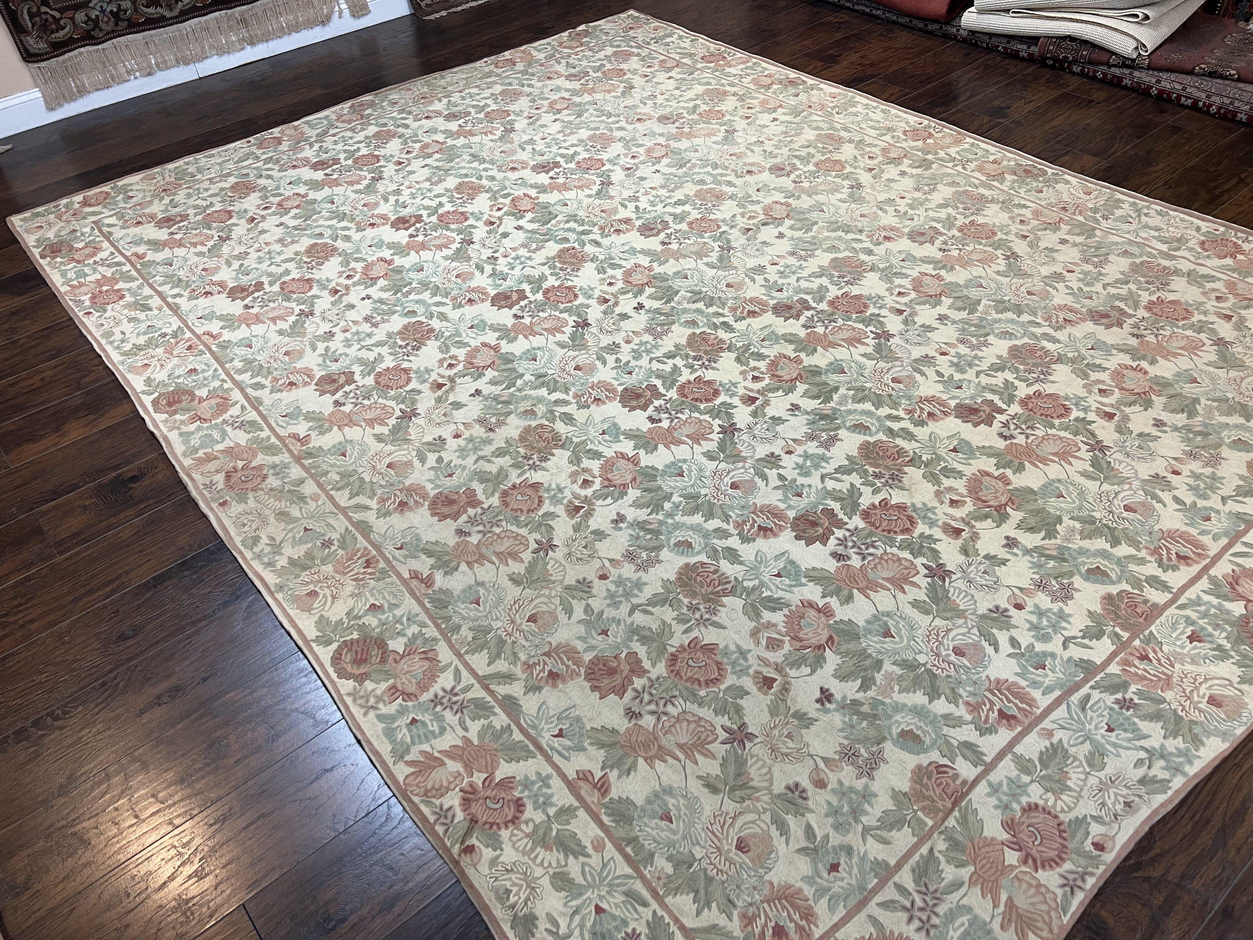 Indian Hand Stitched Rug 9x12 Florall Allover Vintage Wool Cream Rose Floral - Jewel Rugs