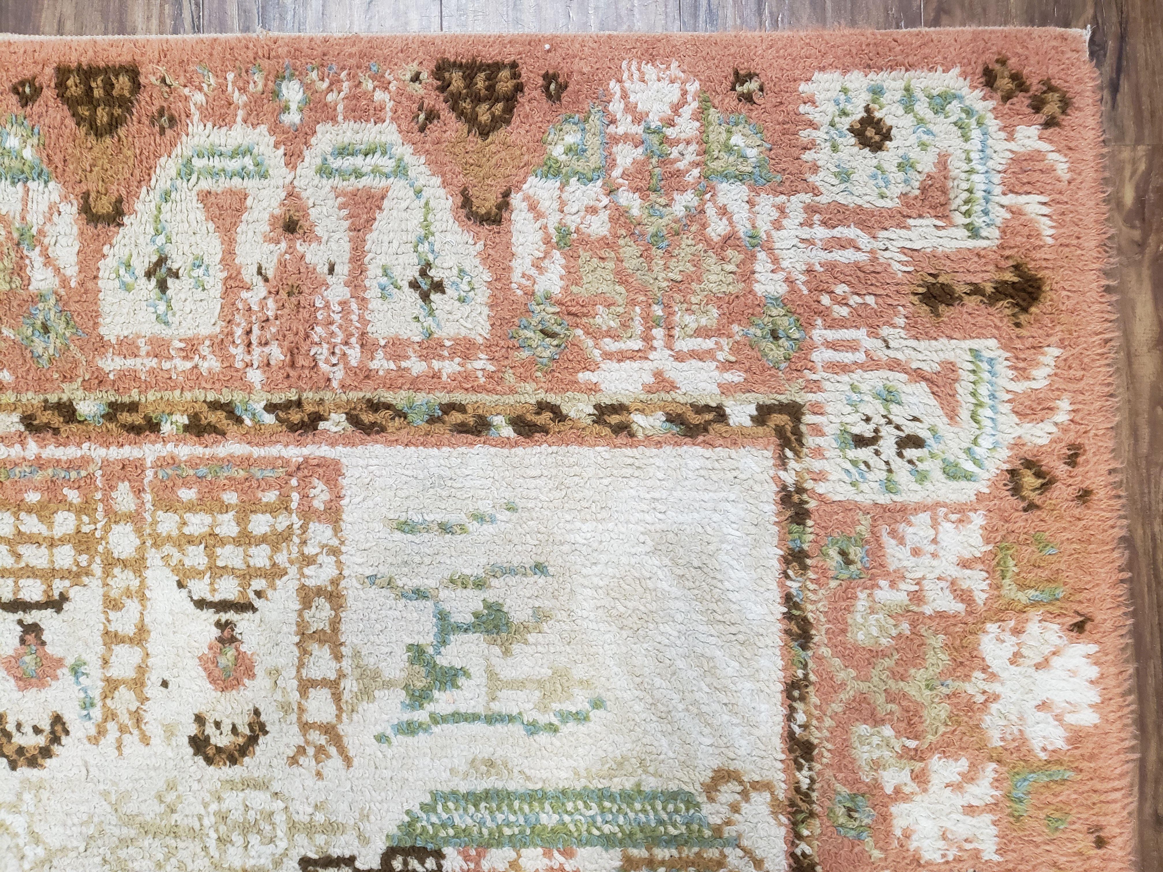 Vintage Scandinavian Area Rug, Rya Shag Rug, Wool, Beige & Carribbean Coral, Scandinavian Folk Art Rug, Human Motifs, Boats, Vikings, 6x9 - Jewel Rugs