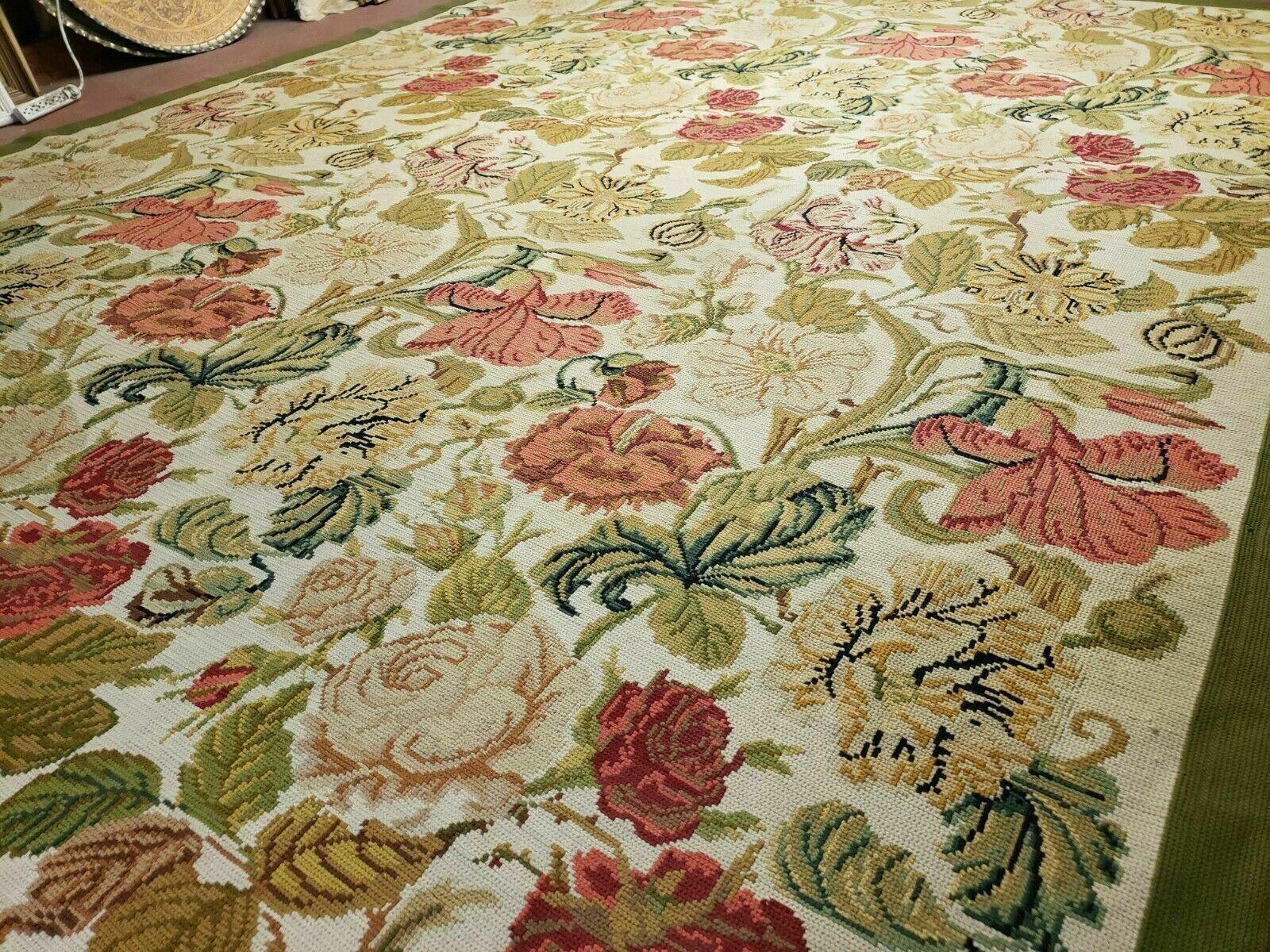 Needlepoint Rug 10x13 Handmade English Needlepoint Floral Roses Carpet Wool - Jewel Rugs