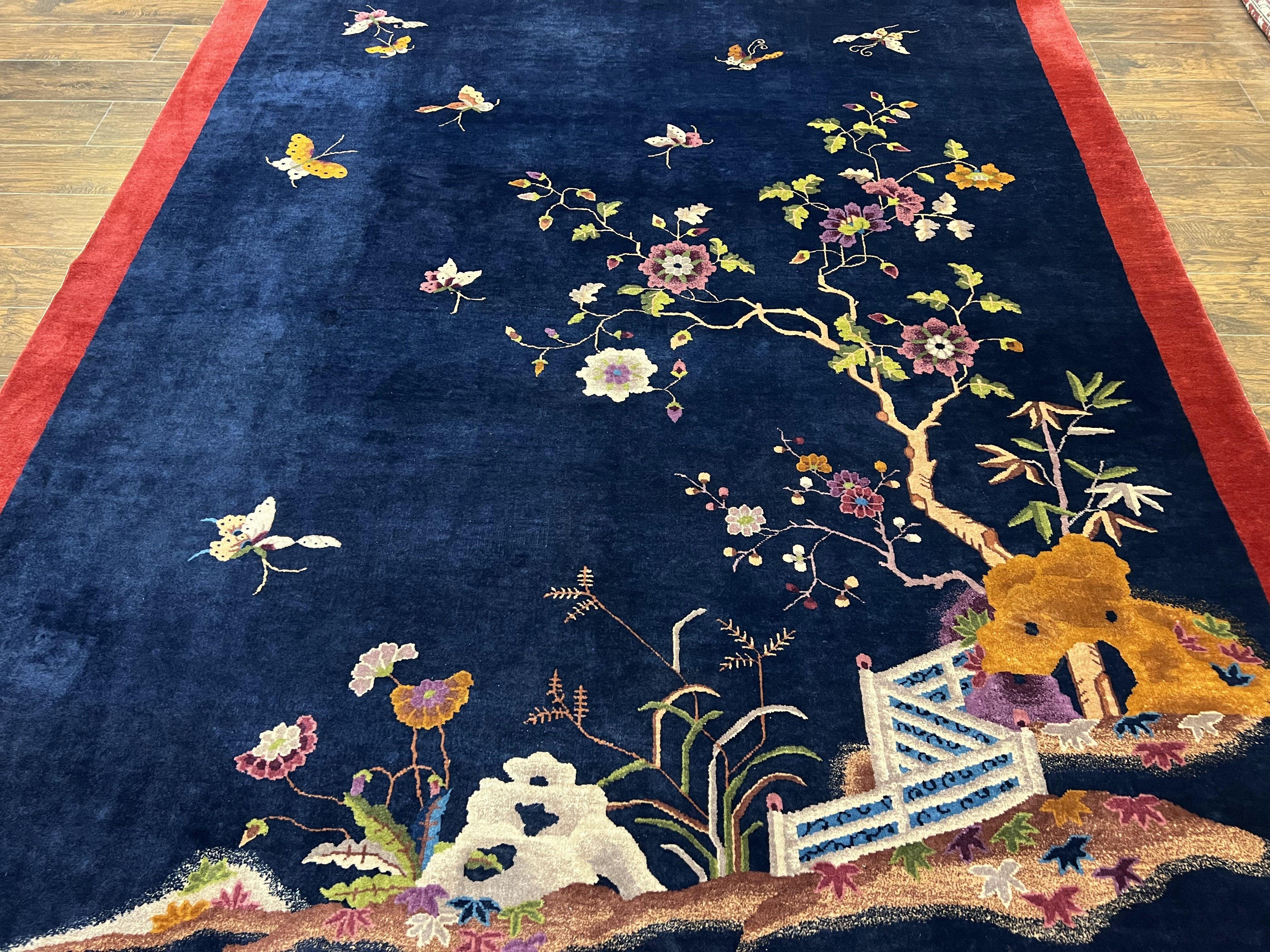 Chinese Art Deco Rug 8x10, Nichols Rug, Navy Blue and Red, Handmade Wool Carpet 8 x 10, Semi Antique Vintage Asian Oriental Rug, Butterflies - Jewel Rugs