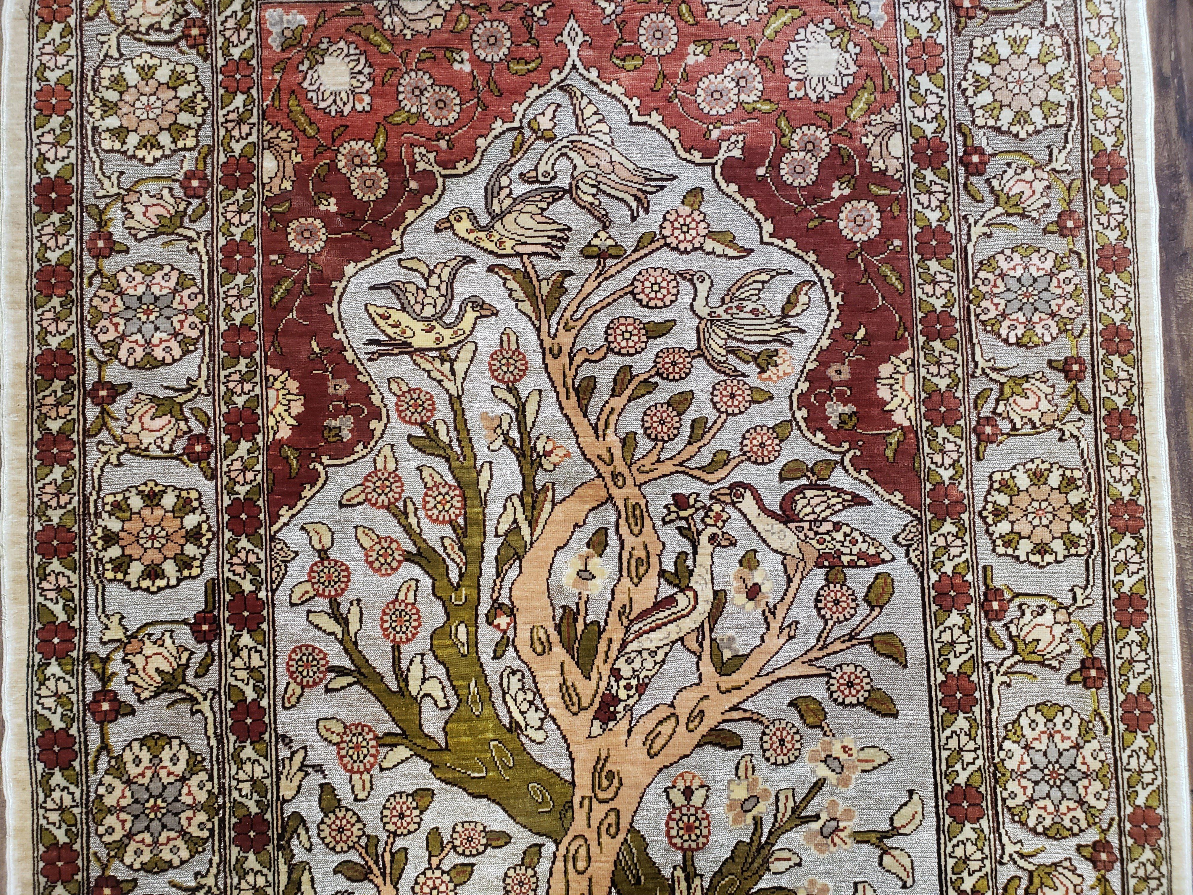 Turkish Hereke Silk Rug with Gold Threads, 2x3 Silk and Gold Oriental Carpet Tree of Life with Animals Very Fine Antique Vintage Top Quality - Jewel Rugs