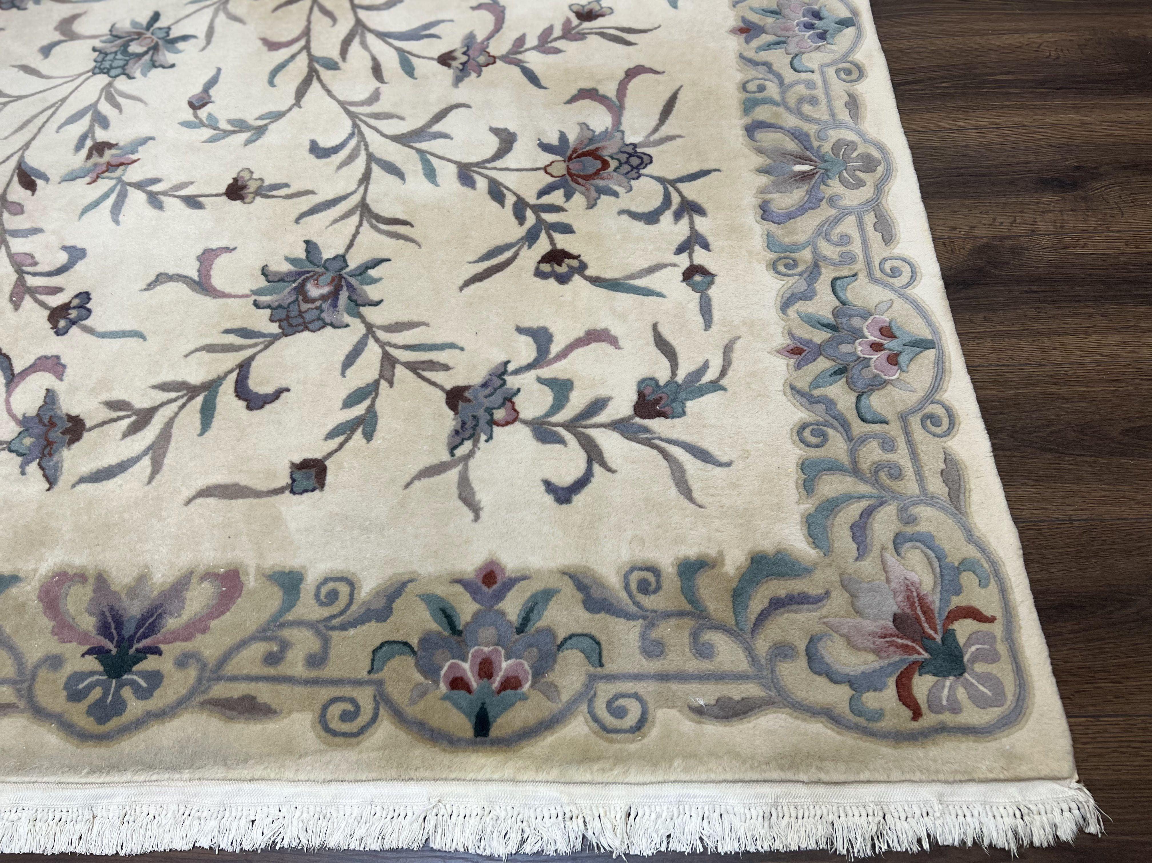 Vintage Chinese Rug 6x9, Chinese 120 Line Rug, Asian Oriental Carpet, Ivory/Beige and Teal, Floral Design, Soft Plush Wool Rug Handmade - Jewel Rugs