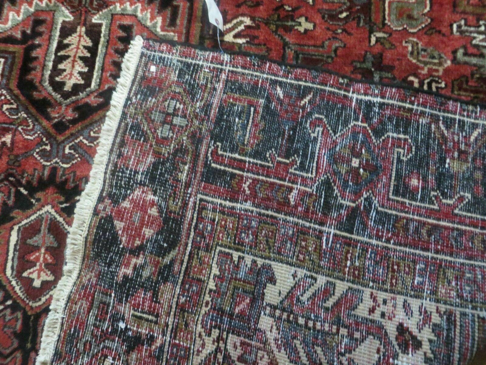 Persian Heriz Rug 8x12 Semi Antique Heriz Carpet, Room Sized Persian Carpet, Geometric Medallion, Wool, Hand Knotted, Red Ivory Dark Blue - Jewel Rugs